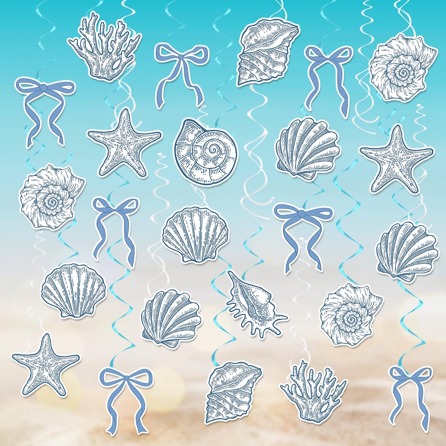 60PCS Blue Bow Starfish Seashell Hanging Swirls Beach Party Decoration Coastal Hanging Streamers for Summer Mermaid Birthday Under the Sea Party Bachelorette Wedding Favors