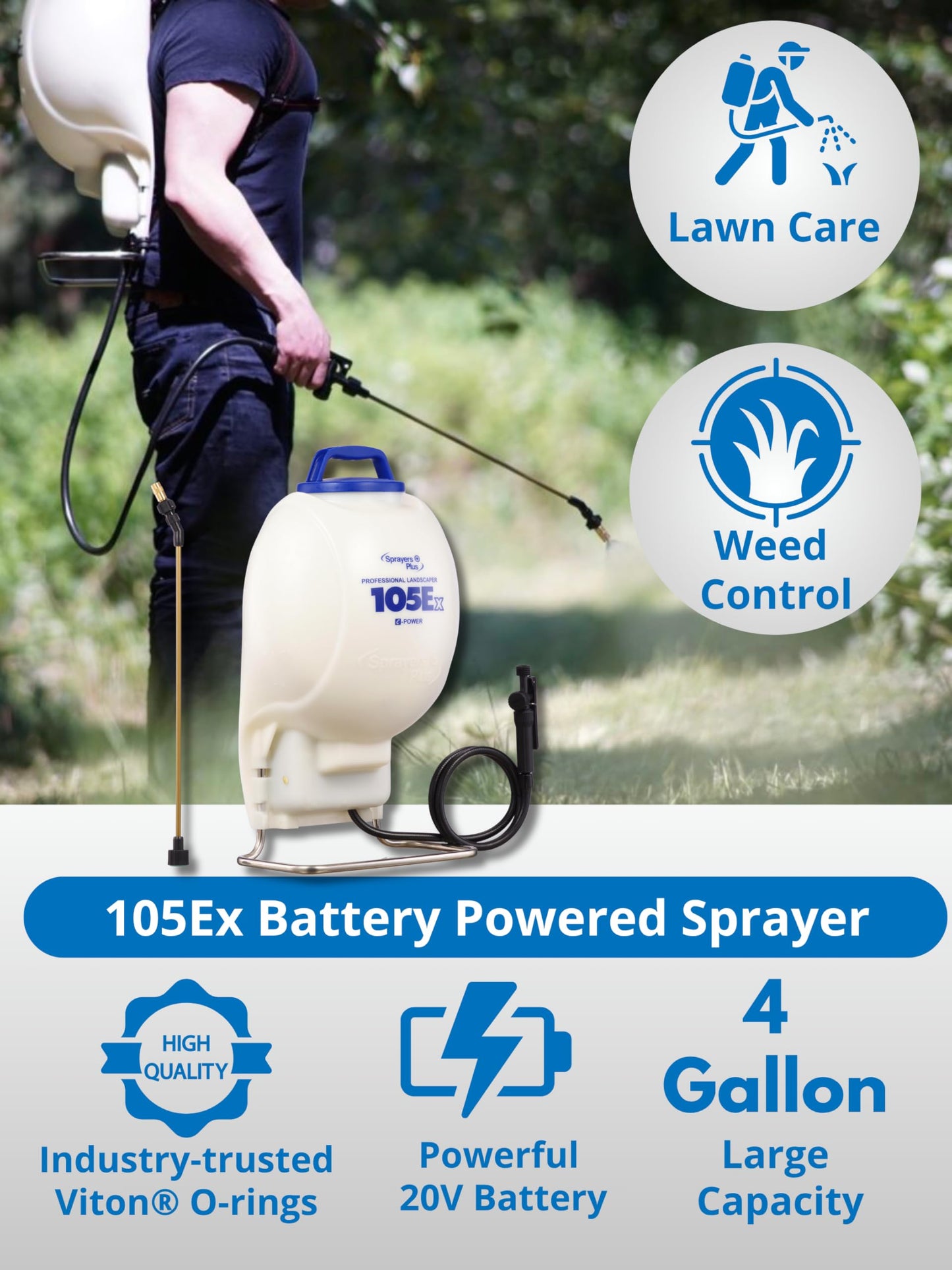 Sprayers Plus 105ex Backpack Sprayer 4 Gallon Battery Powered, 20V Lithium Battery, Chemcial Resistant Viton Seals Brass Wand, Adjustable Nozzles for Lawn Care Gardening Weed Control