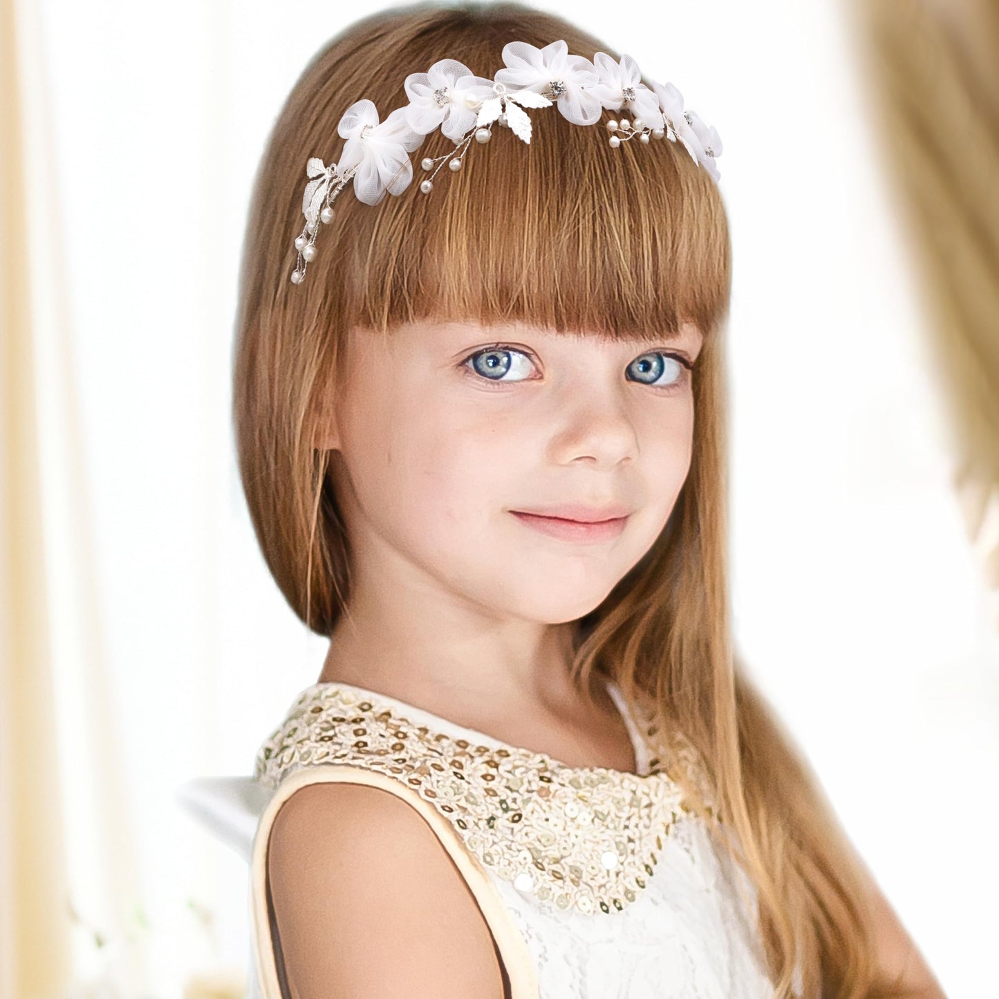 Oriamour Tulle Flower Headband, Flower Girl Headpiece, Pearl Silver, Wedding Hair Accessories, Tiara for Birthday, Party, First Communion