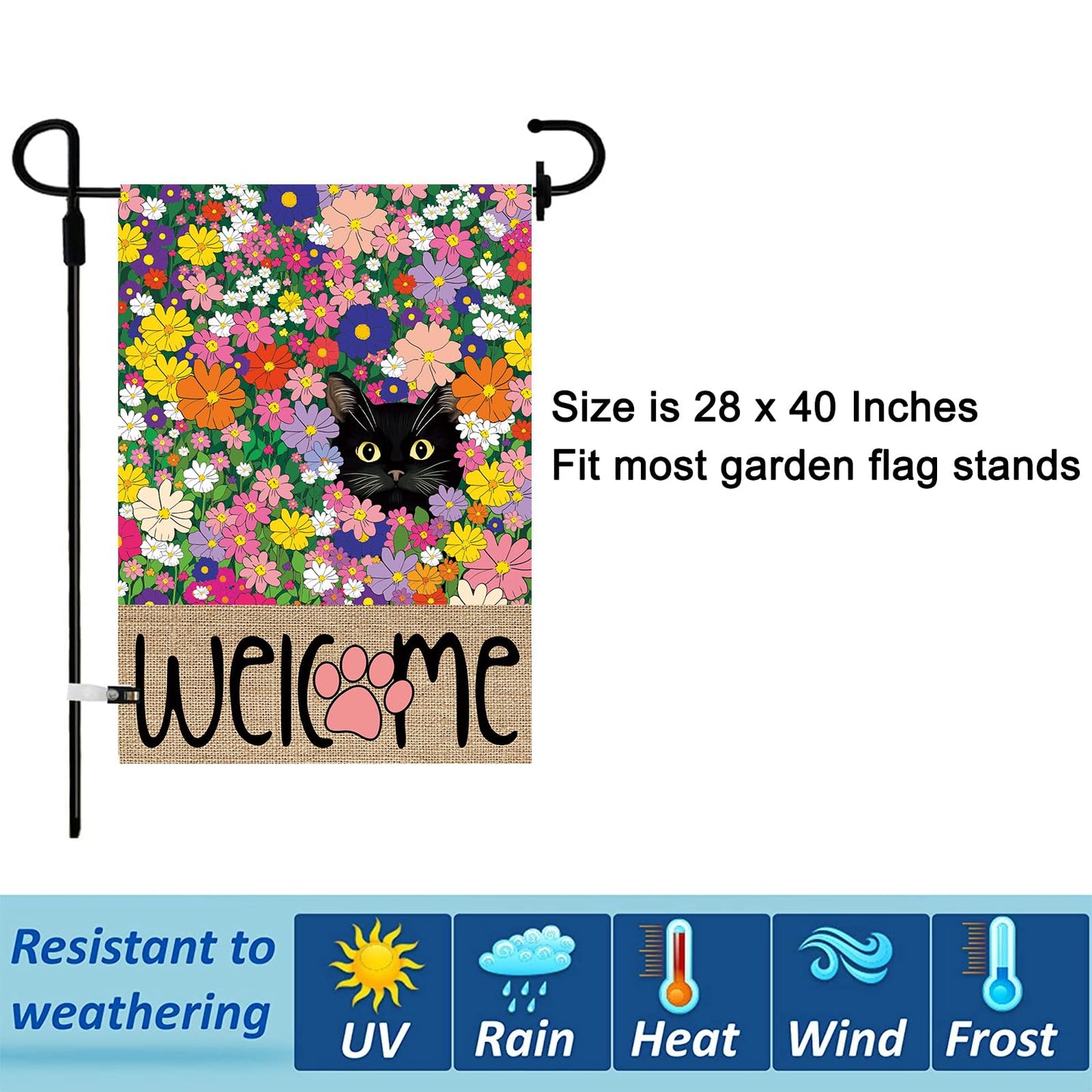 Seasonal Garden Flags Set of 11, Double Sided 28 x 40 Inch Black Cat House Flags, Large Flags for Outside, Spring Summer Easter Independence Day Outdoor Flags, Welcome Holiday Garden Flags for All Seasons
