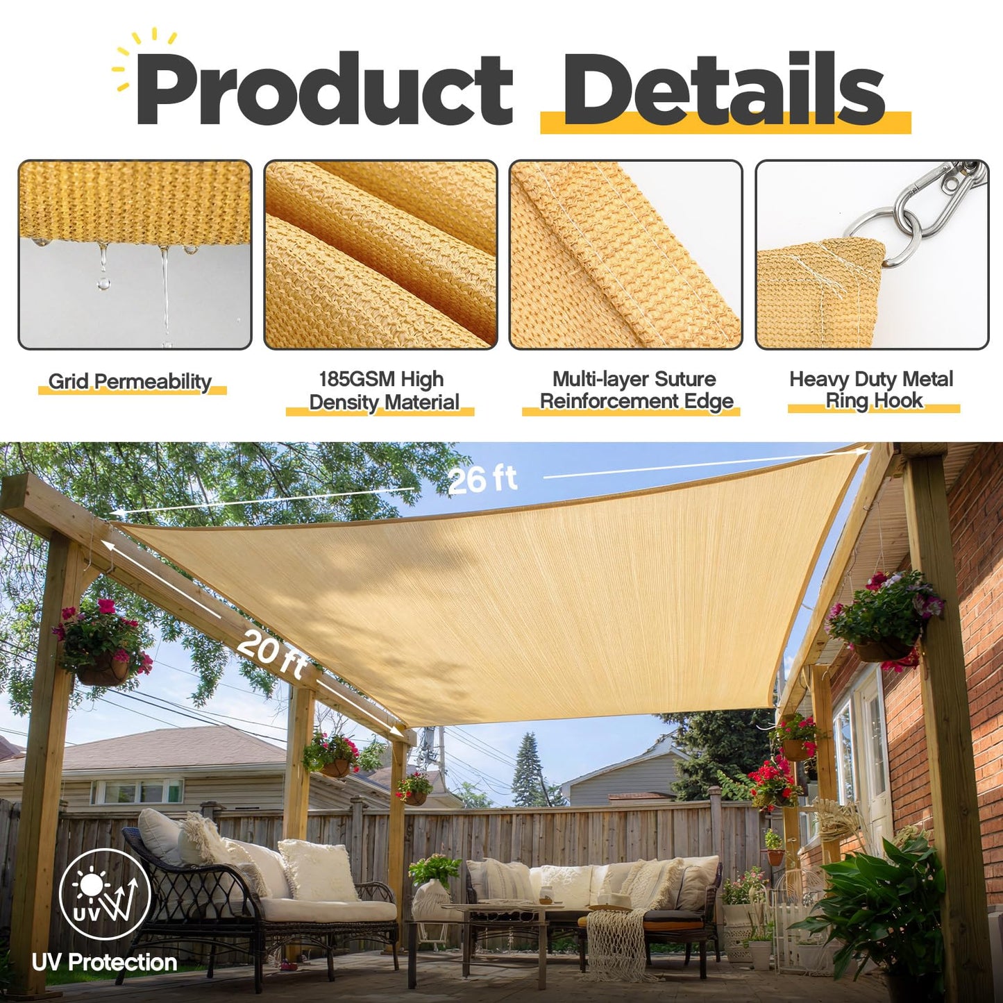Sunnymove 20 x 26ft Sun Shade Sail for Patio Rectangle 185 GSM Heavy Duty UV Block Canopy Permeable Cover Outdoor Garden Deck Backyard Commercial Grade 95%-98% UV Protection Easy Installation(Sand)