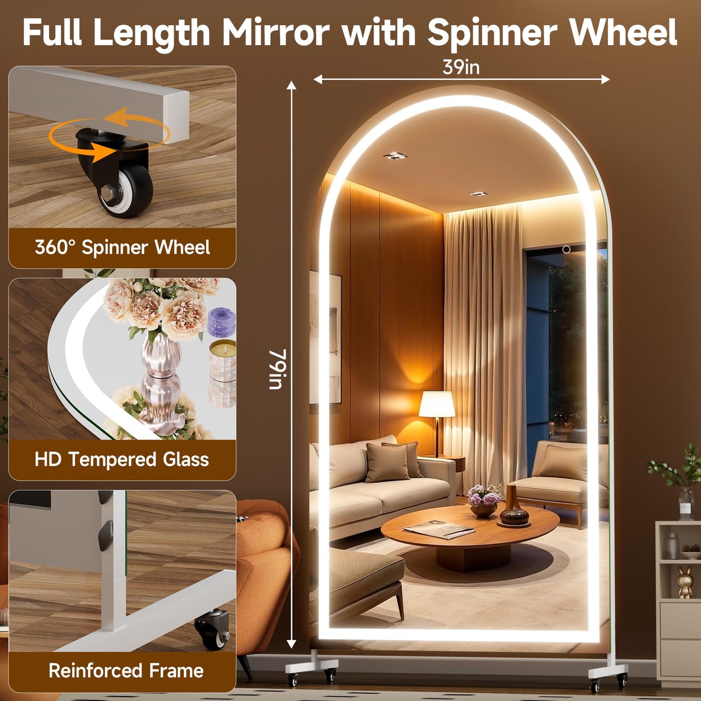 Hasipu 79" x 40" Arched LED Rolling Gym Mirror with Wheels, Dimmable Lighted Body Mirror with 3 Color Temperatures & Adjustable Brightness for Bedroom, Yoga Studio & Home Gym