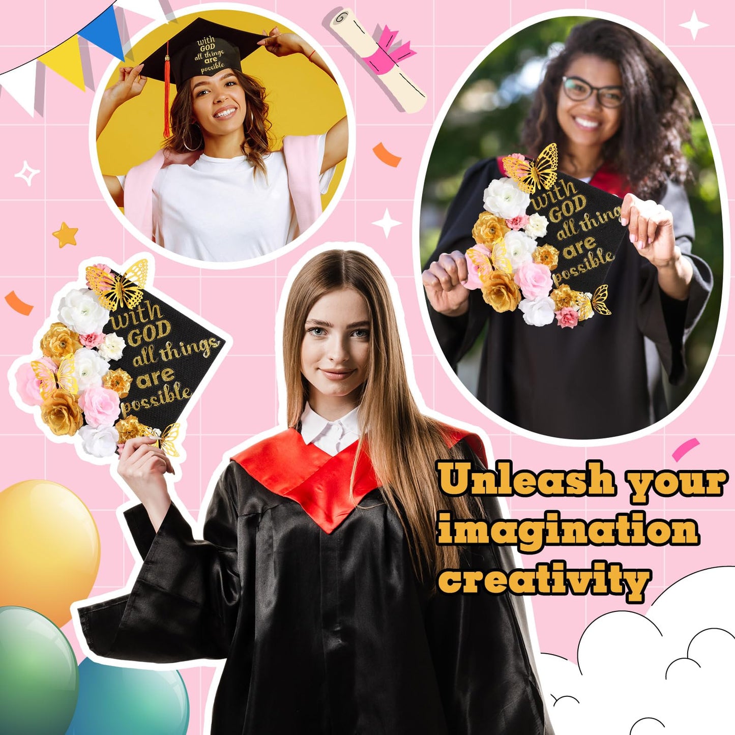 Knitgrip 31 Pcs DIY Graduation Cap Decorations Kit Faux Flower Heads 3D Butterfly Stickers Graduation Quotes Glitter Decals for Grad Hat Topper Graduations Party Supplies(Pink, White, Gold)