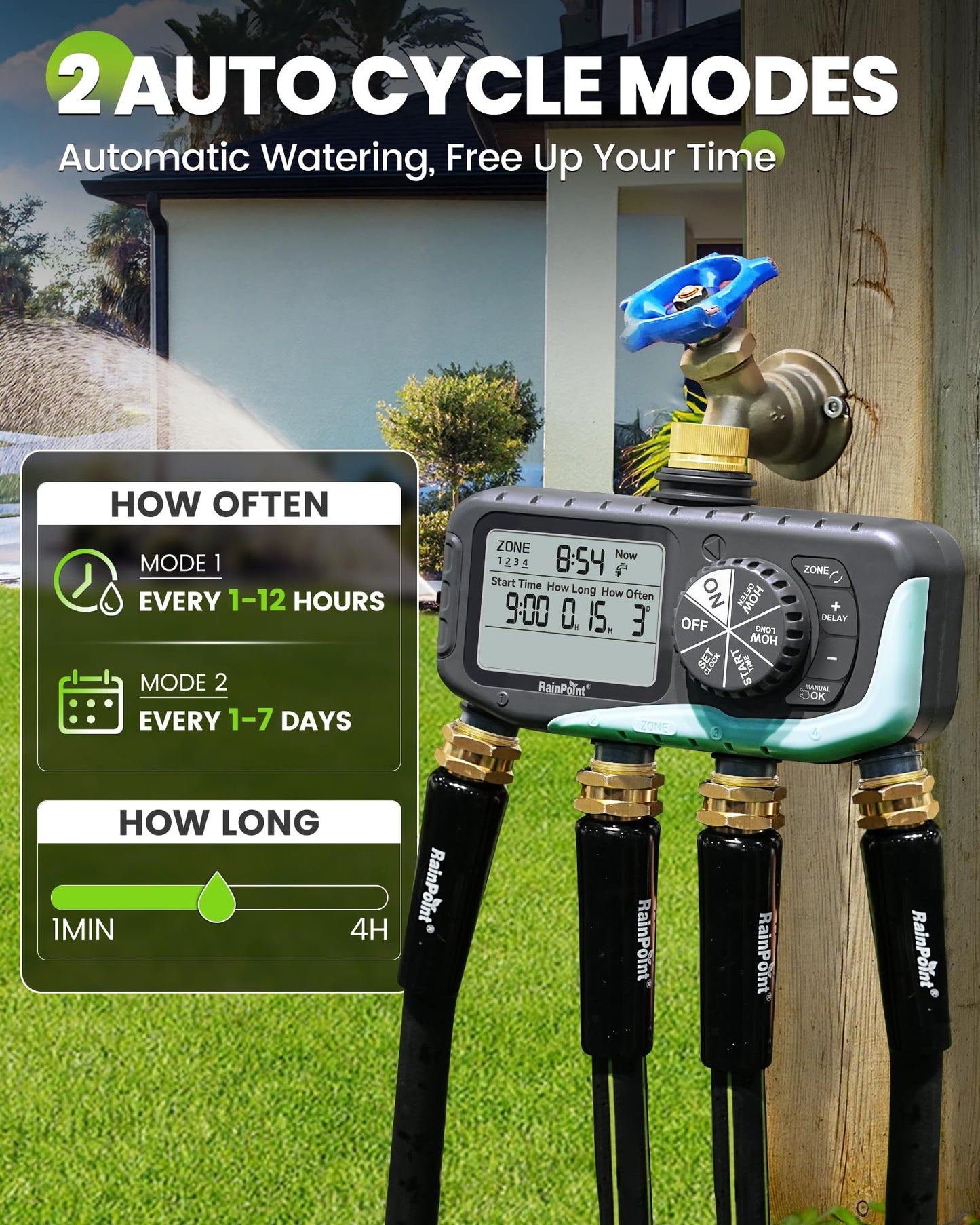 RAINPOINT Sprinkler Timer 4 Zone, Water Timer for Programmable, for Soaker Hose with Rain Delay/Manual/Automatic Watering System, Digital Irrigation for Yard, Lawn