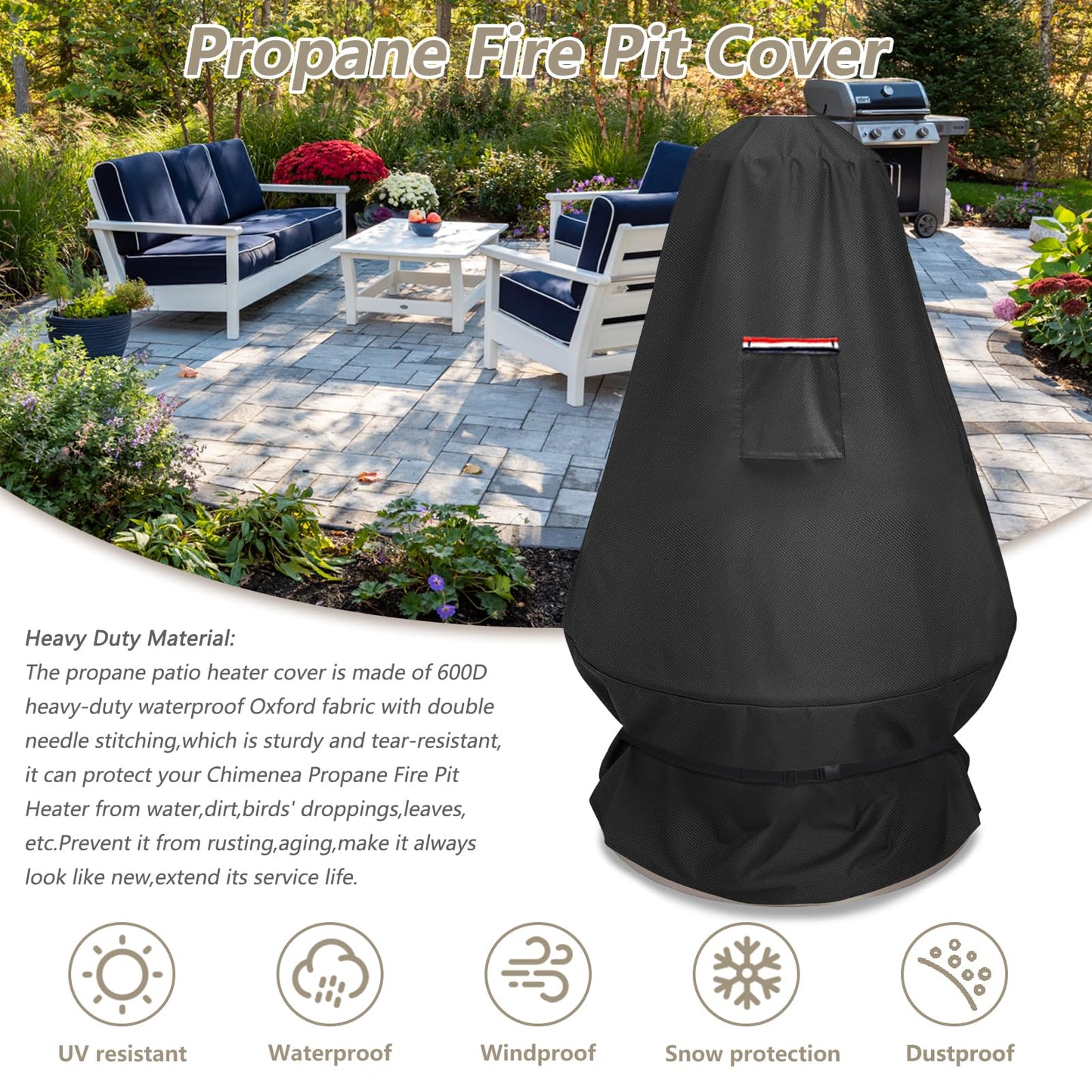 CHC-601 Chimenea Propane Fire Pit Heater Cover,Heavy Duty 600D Waterproof Cover Compatible with COH-600 Chimenea Propane Fire Pit,31"D x 31"W x 48"H,Black