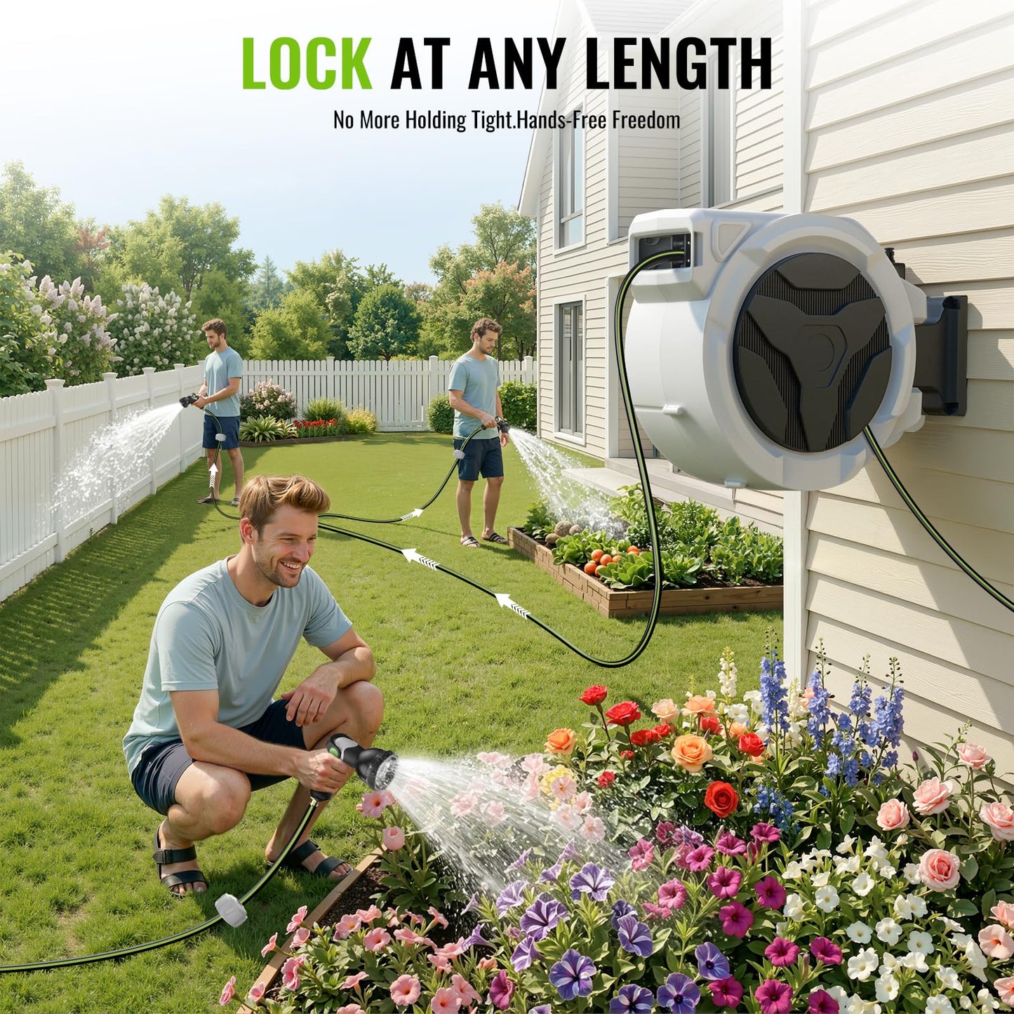 Retractable Garden Hose Reel 100ft x 1/2 in, Wall Mounted Garden Hose Reel with Auto Rewind, 180° Swivel Bracket, UV Resistant Water Hose Reel with 10 Spray Nozzle, Heavy Duty for Outside Use