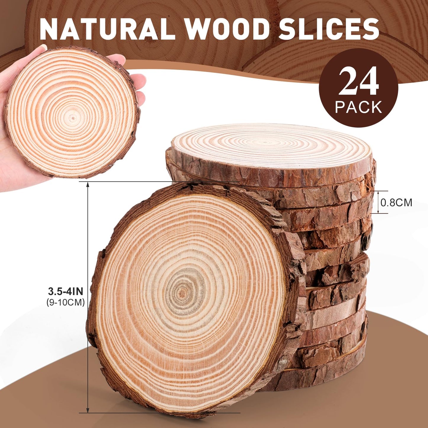 24 Pcs Unfinished Natural Wood Slices for Crafts.3.5-4 Inch Wood Rounds for Craft Supplies. Wood Circles with Tree Bark for Christmas Ornaments,DIY Gifts,Wood Coasters.Painting.