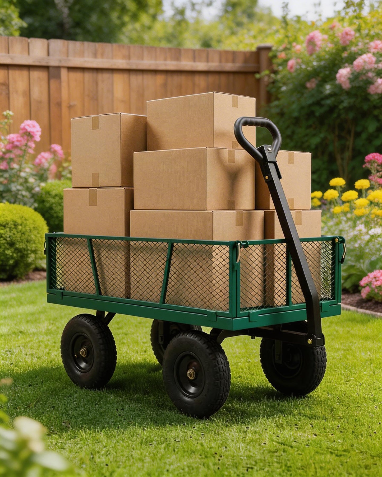 GarveeTech 800LBS Heavy Duty Steel Garden Cart, Garden Wagon Cart on Wheels, Metal Yard Utility Wagon with Removable Mesh Sides, 10" All Terrain Tires, 180° Rotating Handle for Lawn, Garden, Farm