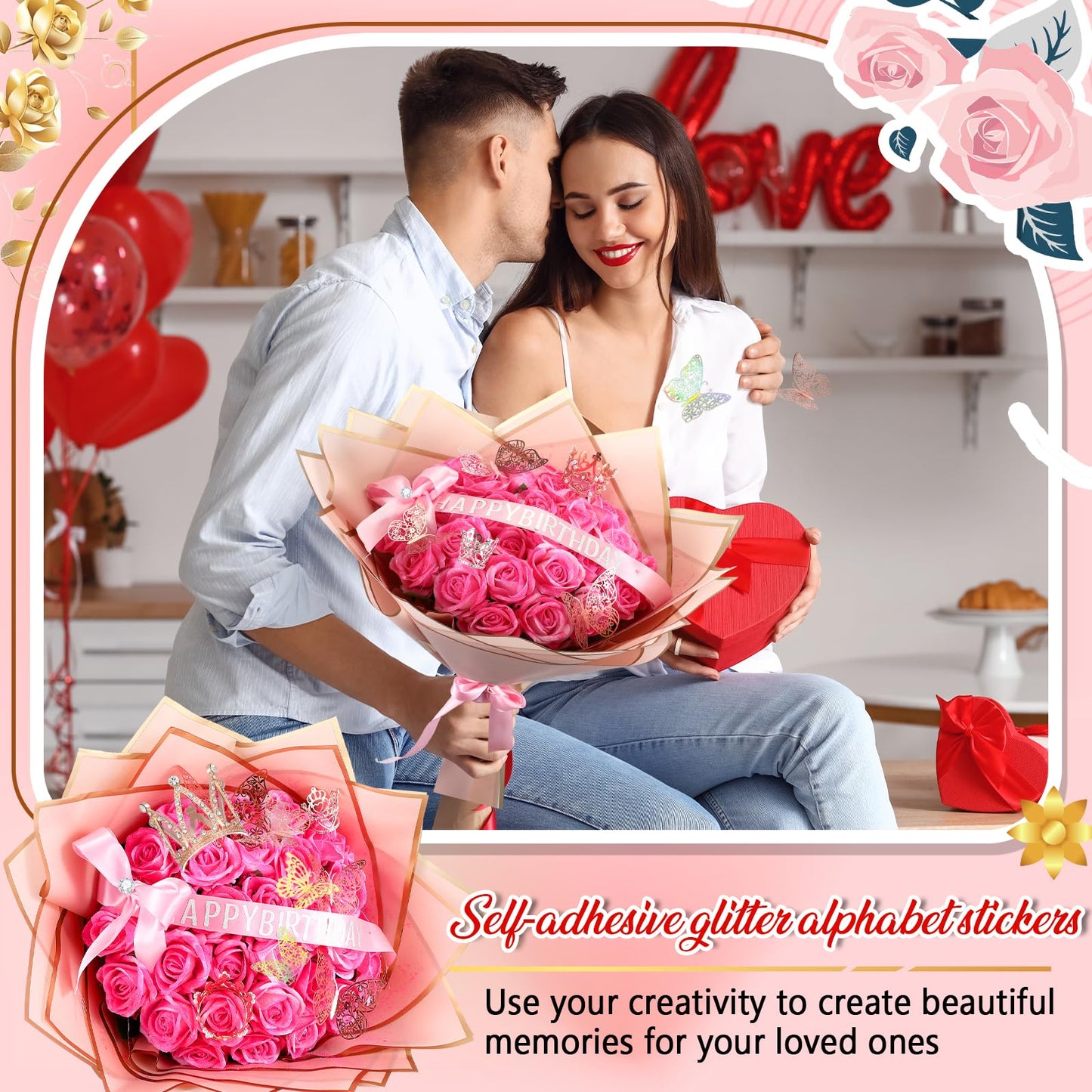 Thiccywoov Valentine Glitter Roses Bouquet (exclude Rose & Glue) DIY Roses with Glitter Powder Flower Wrapping Paper Letter Stickers Bags for Mothers Day Birthday Wedding Graduation Xmas Gifts(Pink)