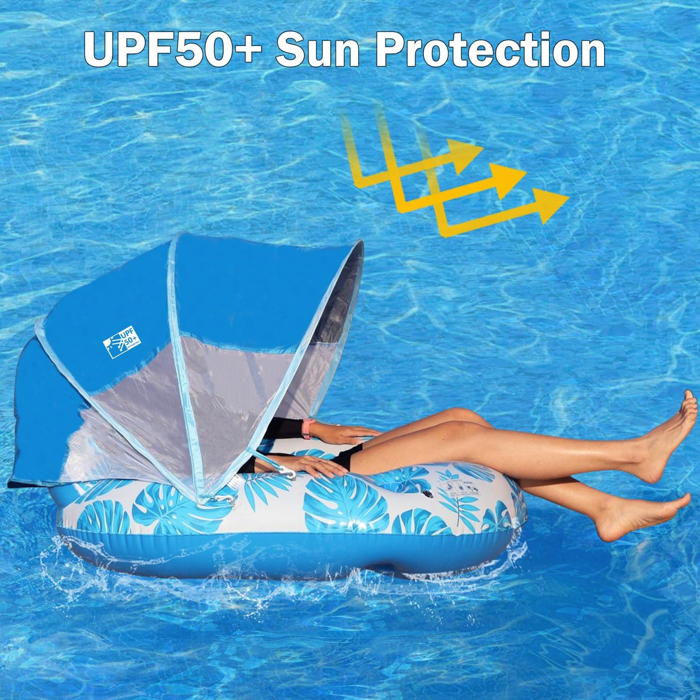 COOLCOOLDEE Pool Float with Canopy for Adults,Inflatable Lounge Chair with UPF 50+ Sun Protection,Backrest and Legrest,Blue
