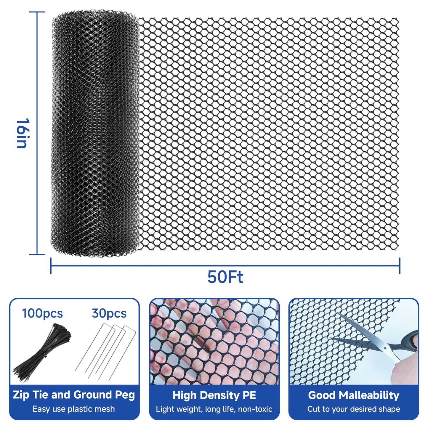 Plastic Chicken Wire Mesh Roll, 16INx50FT Black Chicken Wire Fencing Poultry Netting Garden Fence for Chicken Coop, Cat Balcony Protection Pet Barrier Plant Protectors from Animals Temporary Fencing