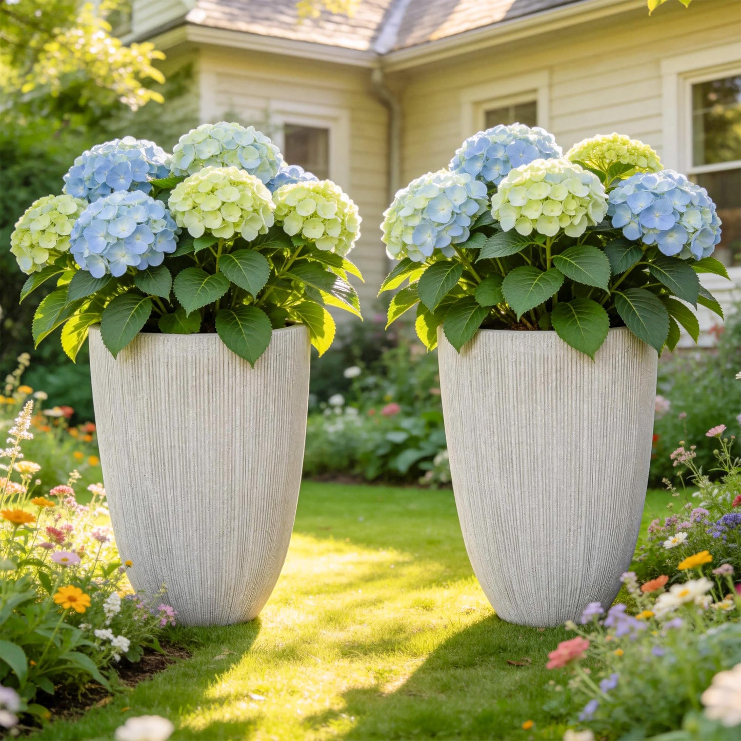 Ultym 19" Tall Planter for Indoor Outdoor Plants, Set of 2 Large Flower Pot with Drainage Hole, Weather/UV-Resistant Resin Planters for Garden Patio Porch Home office Decor, Mediterranean Beige Fluted
