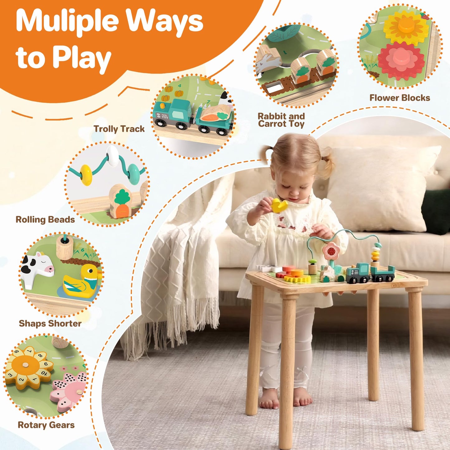 Himold Activity Table for Kids 6-36 Months, 9 in 1 Wooden Montessori Toys with Bead Maze Shape Sorter Train Toy, Baby Sensory Table Toddler Toys 1st Birthday Gifts for Kids