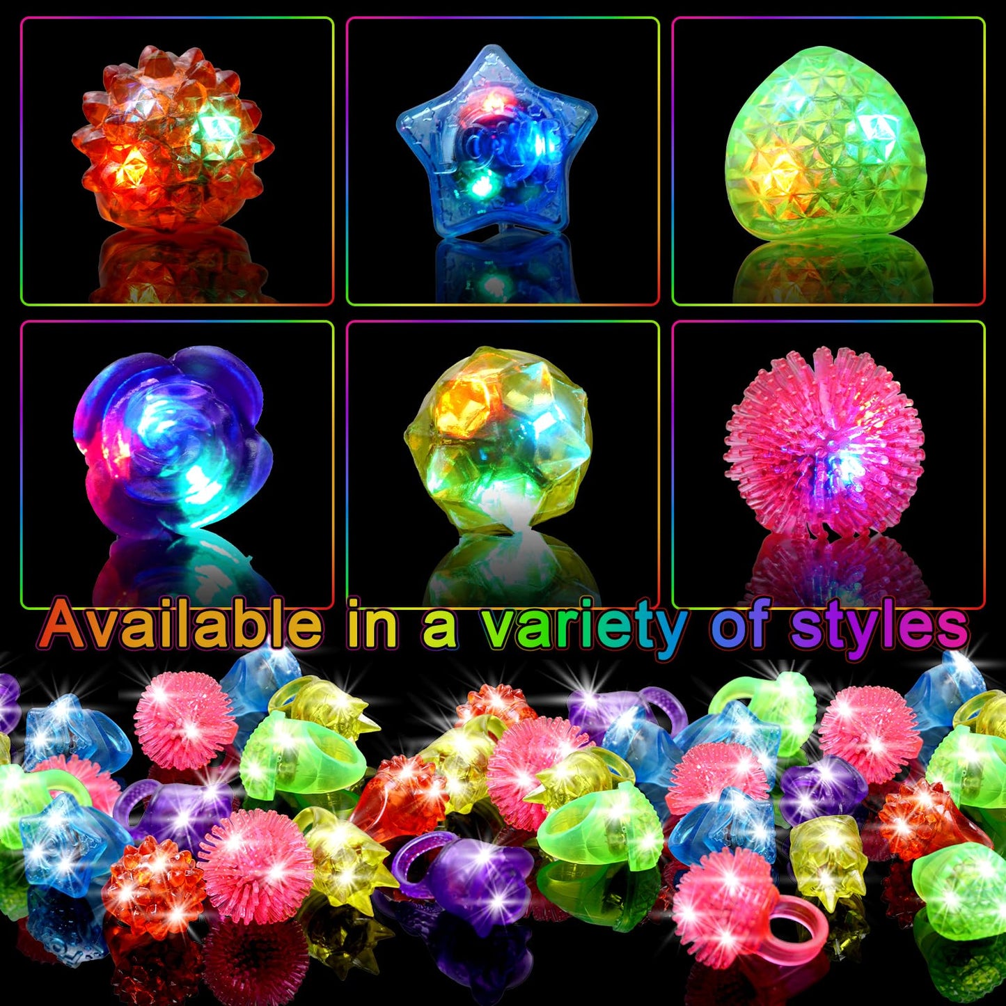 Party Favors 48 Pcs Light Up Rings, Glow In The Dark Party Supplies, 6 Style Flashing Glow In The Dark Rings for Adults & Kids, LED Ring for Birthday Party Favors, Concert, Raves, Halloween, Christmas