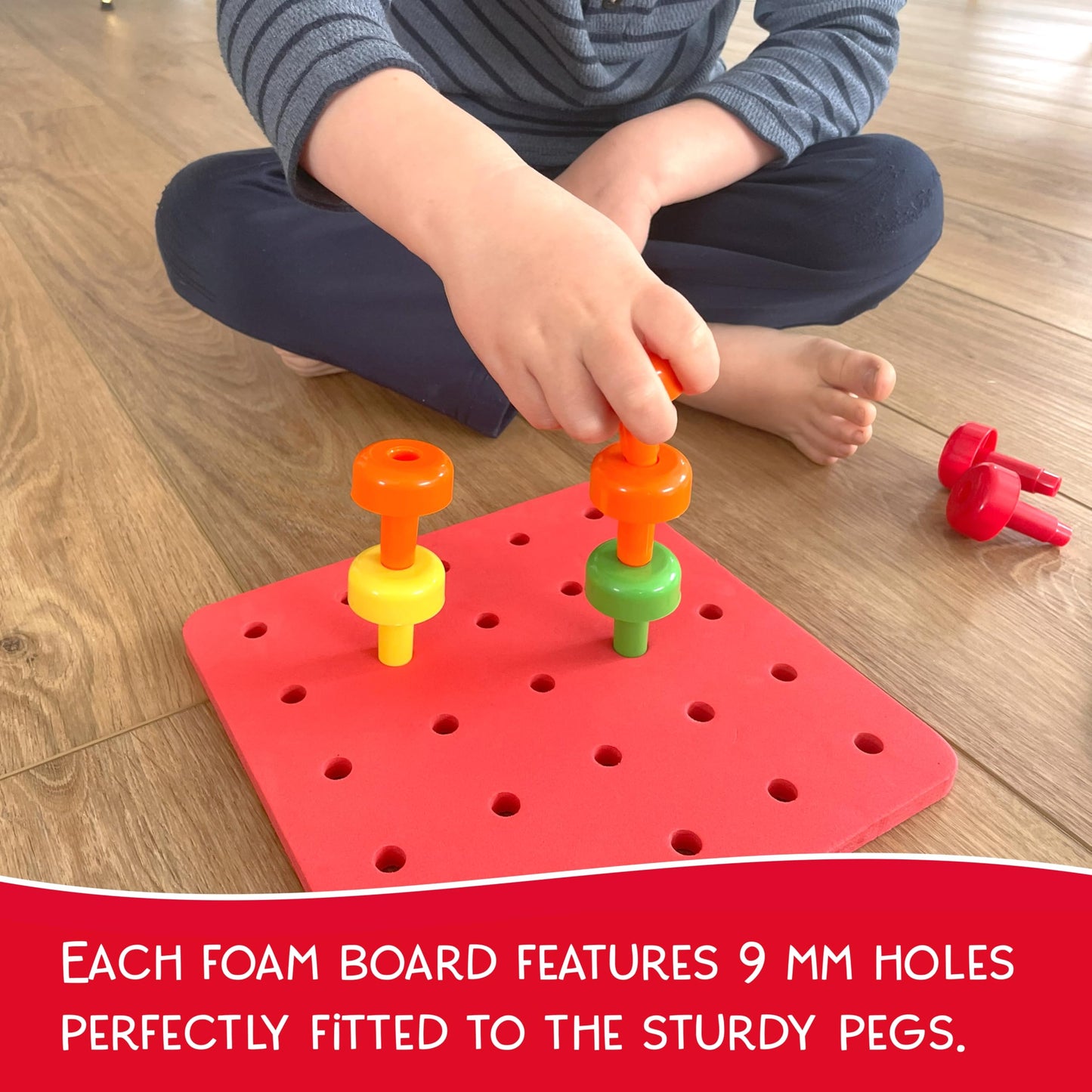 LMC Products Foam Peg Board Toy - 36 Pegs, Foam Board, Lacing String, Storage Bag - Occupational Therapy Toys - Fine Motor Skills Toys for Toddlers and Kids (Red)