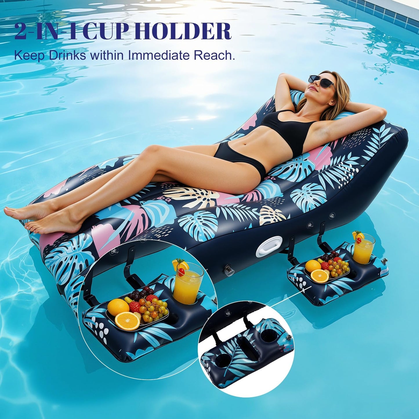 Deyhoc Pool Floats Lounger with UPF50+ Canopy Adjustable, Inflatable Large Floating Chair Ergonomic Design, with Cup Holders, Perfect for Swimming Pool, Beach, Lake, Party - Dark Blue