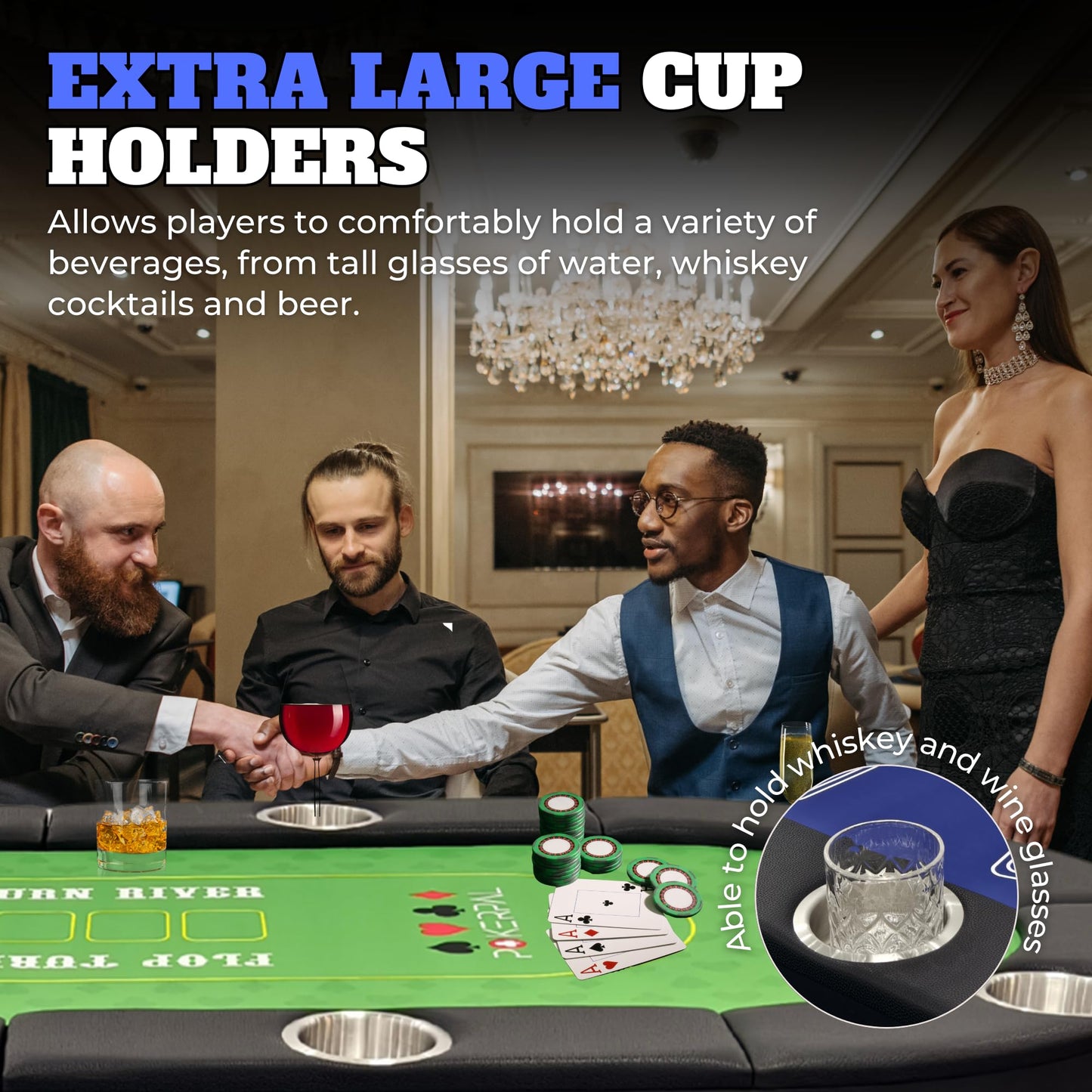 8 Player Poker Table with 2 Interchangeable Game mats, Texas Holdem Poker and Blackjack, Collapsible Casino Table with Padded Rails and XXL Cup Holders for Wine and Whiskey Glasses, (71 in) - Blue