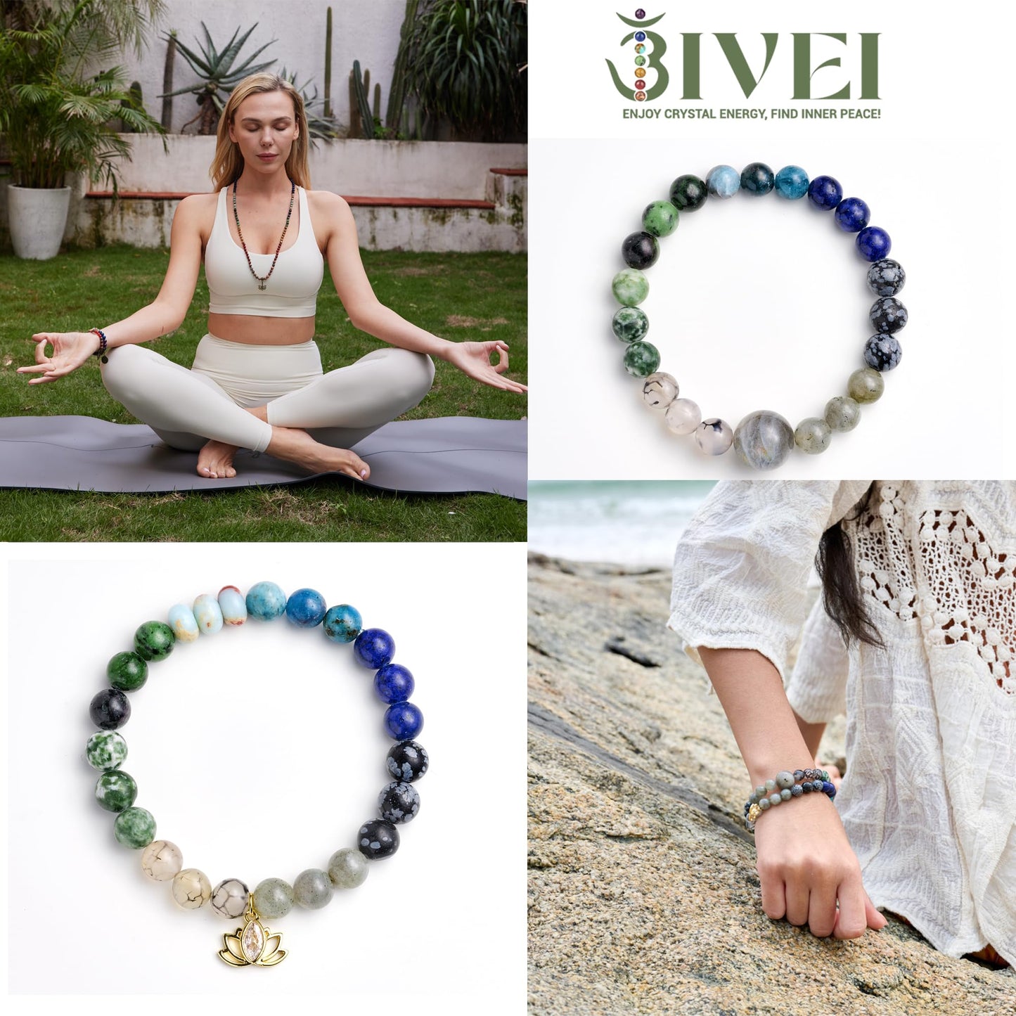 Bivei Beaded Bracelets for Women with Lotus Charm Healing Gemstone Crystal 7 Chakra Bracelet Natural Stretch Bracelets Set for Women Yoga Meditation Anxiety Stress Relief Jewelry(Green)