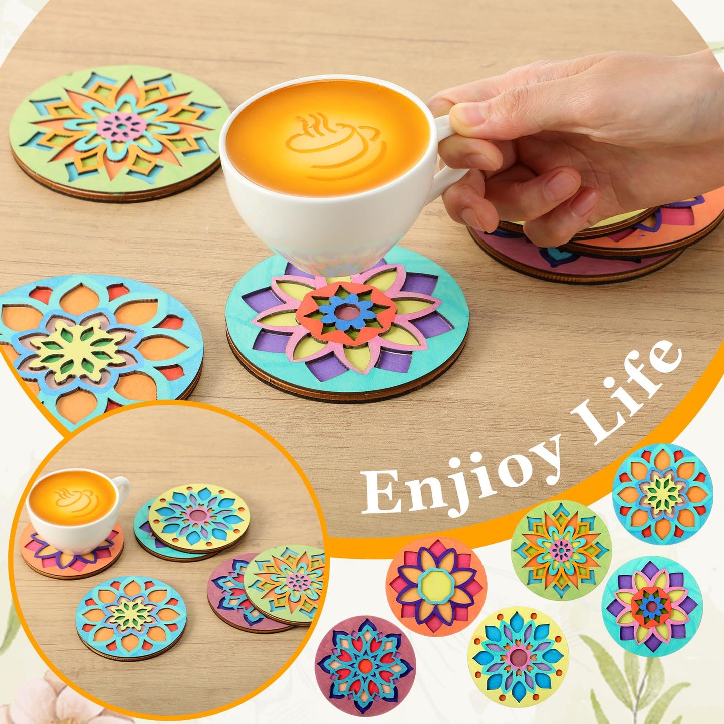 DoubleFill 12 Pcs Wooden Coasters Painting Kit with Paint Art Drink Coaster Gift Craft DIY Kit for Adults, Women, Hobby, Christmas Decoration Home Apartment Decor(Mandala)