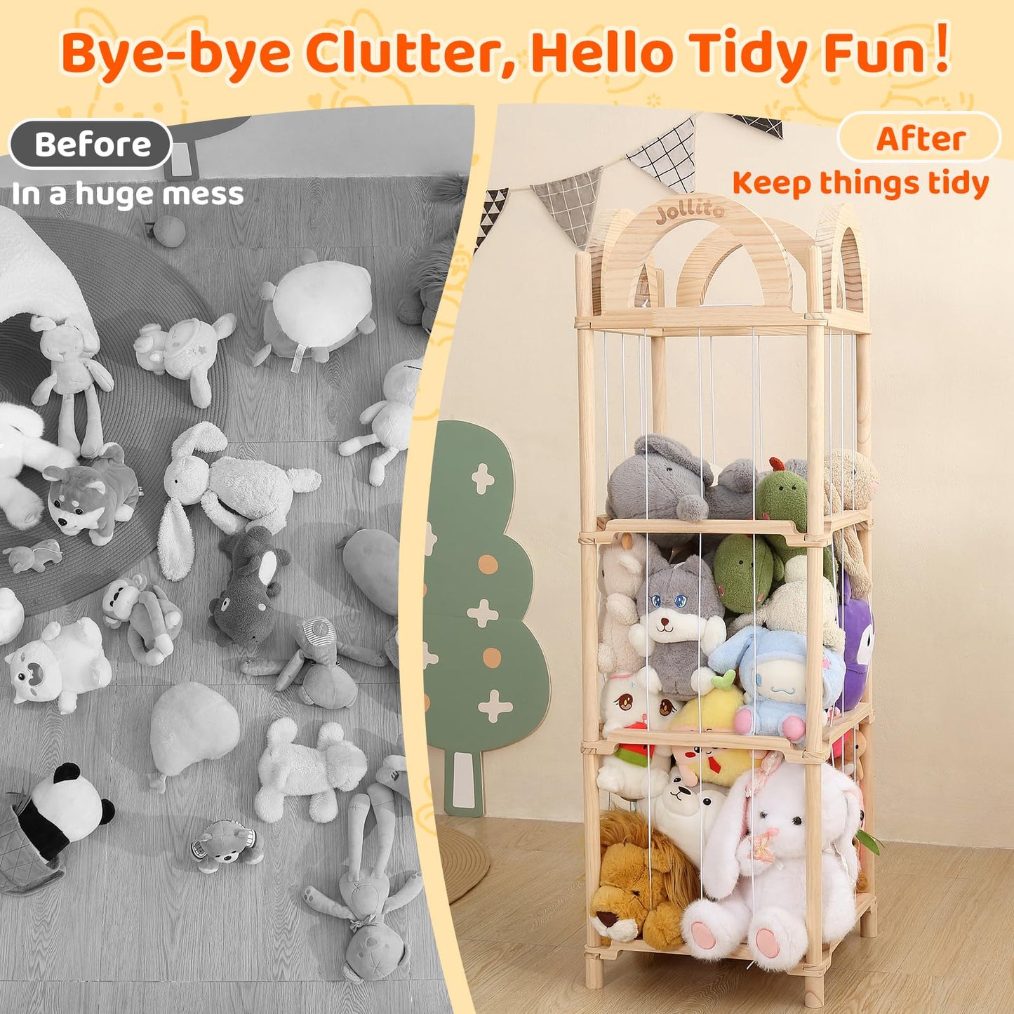 JOLLITO Stuffed Animal Storage Organizers,Large Capacity Wooden Cute Plushies Toy Zoo Holder and Storage for Toddler Rooms, Playrooms & Bedrooms