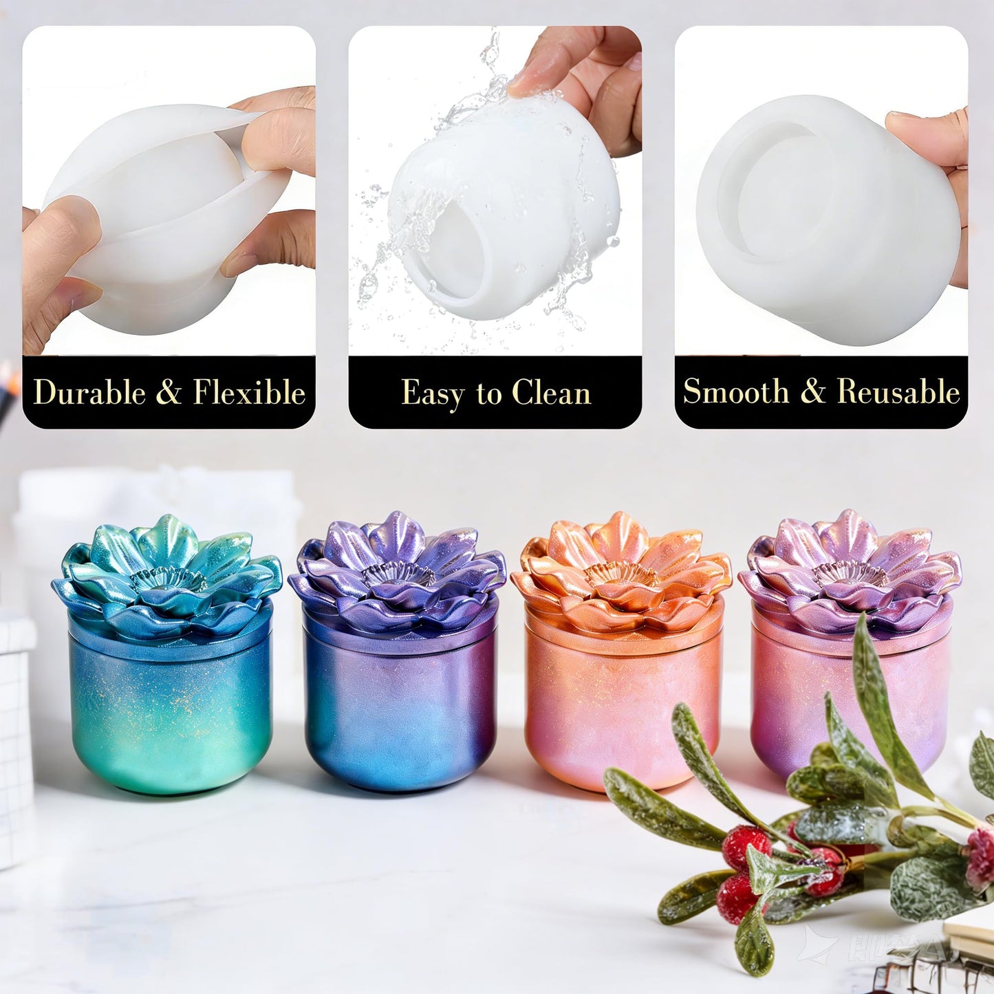 QUDYNZAL 1Pc Jar Epoxy Resin Casting Mold with Poppy Flower Lid Jewelry Storage Box Container Silicone Mold for DIY Plant Flowerpot Vase Candle Holder Concrete Art Craft Home Decor Polymer Clay