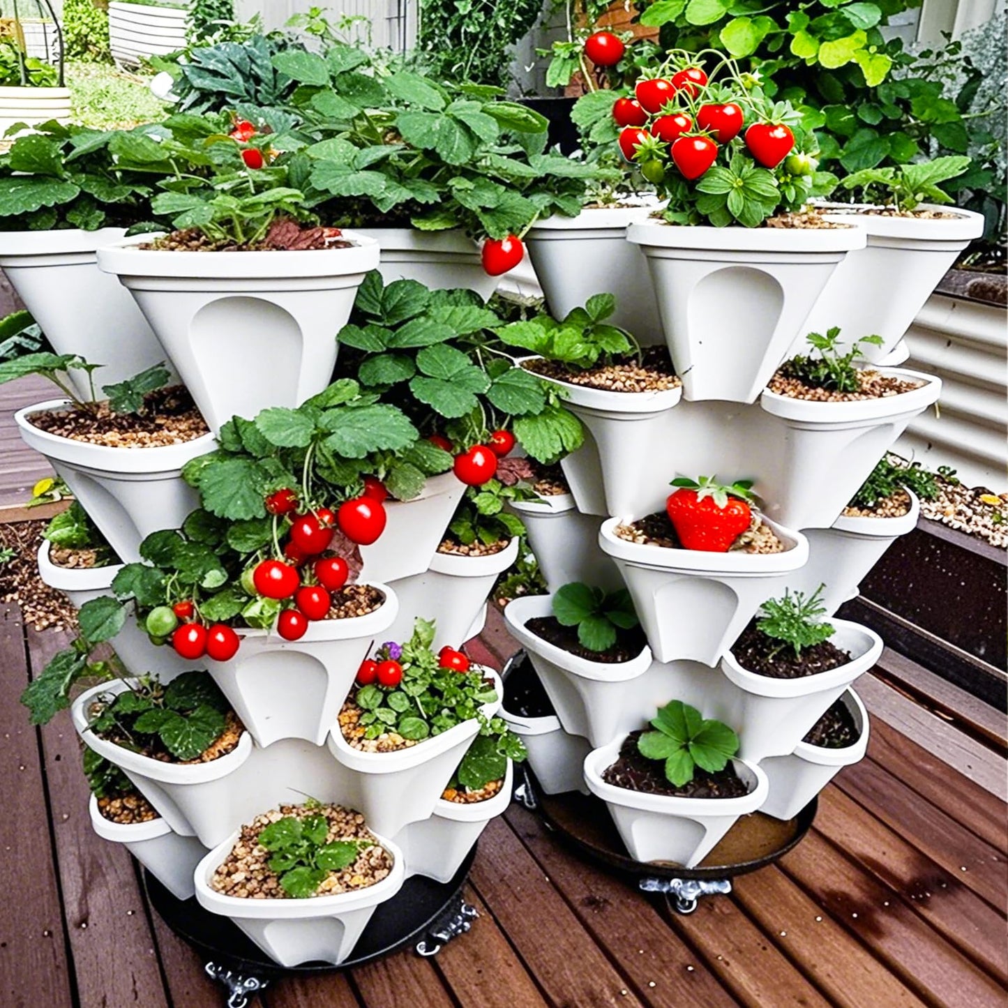 Lykvrii 7 Tiered Strawberry Planters 2 Pack, Vertical Stackable Planter, Herb Stacking Tower Garden, Flower and Vegetable Planters with Support Pole Indoor & Outdoor with Removable Wheels - White