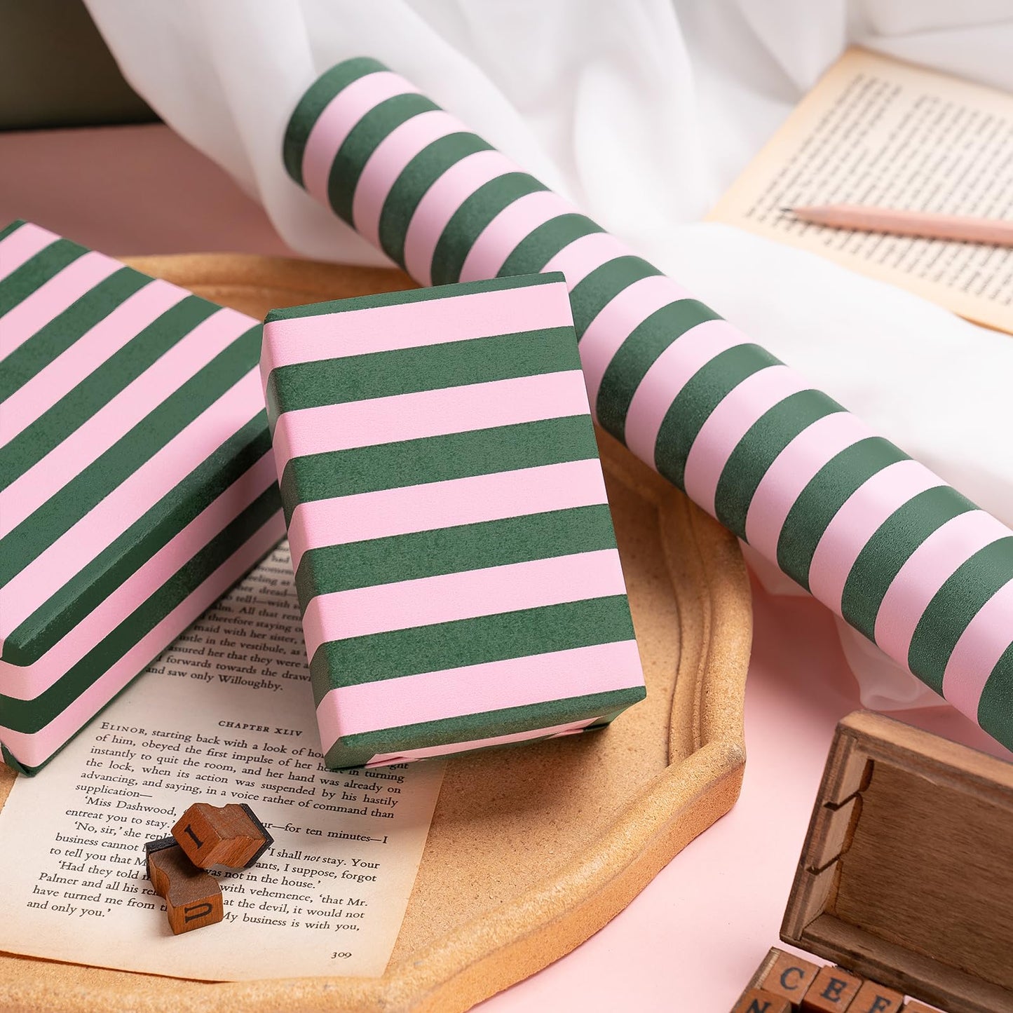 WRAPAHOLIC 30 Inch Kraft Wrapping Paper - 30 Inch x 33 Feet - Green and Pink Stripe Wrapping Paper for Christmas, Birthday, Wedding, Baby Shower