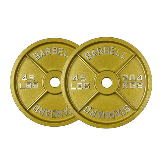 Gold Finish Olympic Steel Plates - Pairs and Sets 2 Inch Barbell Standard in Premium Gold for Weight Lifting (45lb Pair)