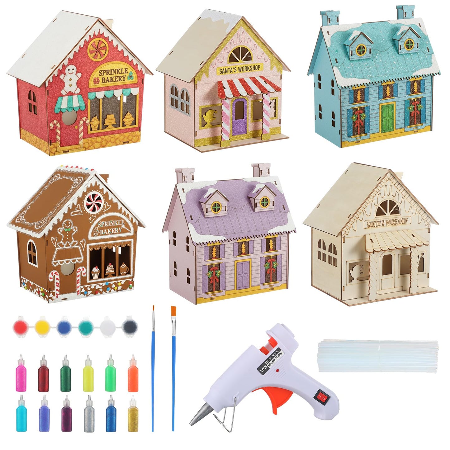 Thyle 6 Pcs DIY Wooden Christmas Gingerbread House Paints Kit, Unfinished Paint and Sip Kit Wooden 3D Holiday House for Adult Craft with Glitter Glue Paint Pen for Christmas Girl Night Art Favor Decor