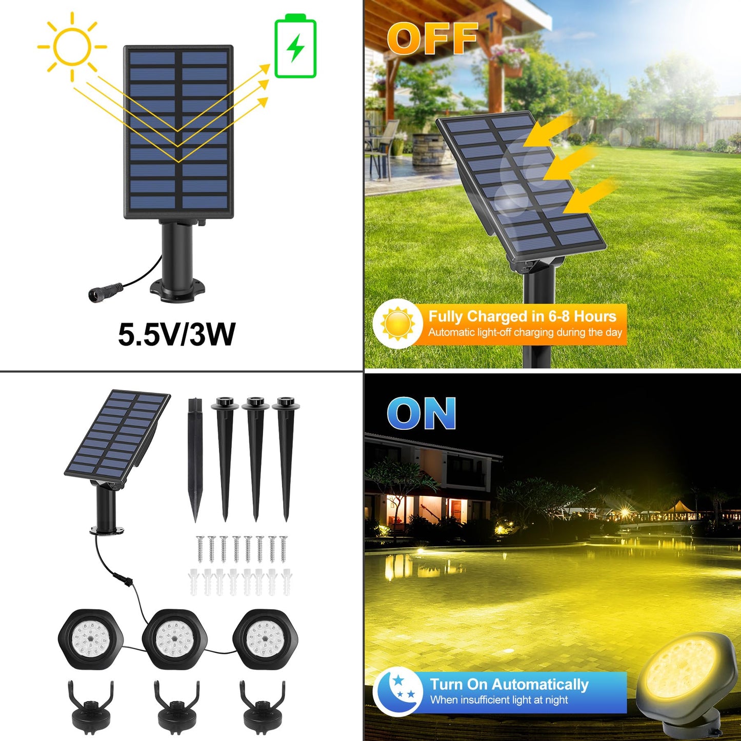 CREPOW Solar Pond Lights,3000K Warm White LED Underwater Submersible Fountain Light,IP68 Waterproof Landscape Spotlights Lighting for Fish Aquarium Tank Garden Yard Pond Pool Decor(3-in-1)