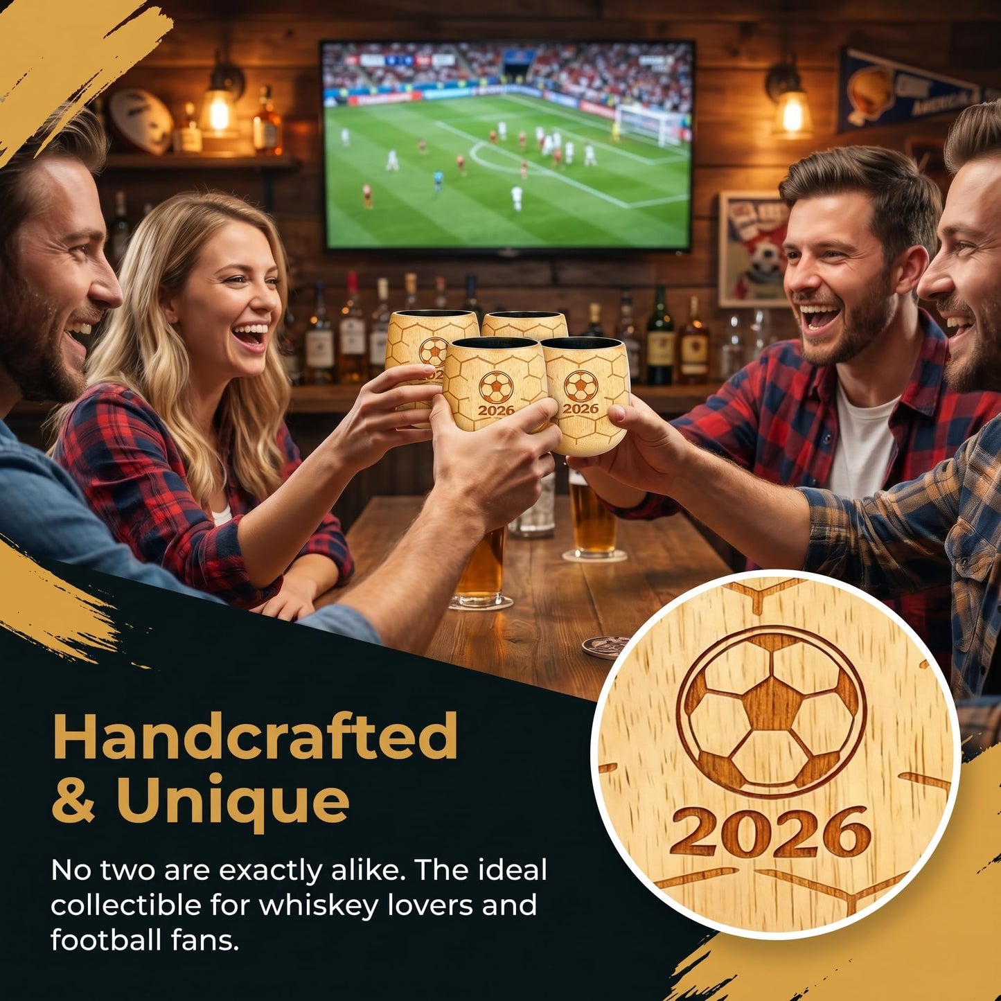 Charred Wooden Whiskey Glasses, 2026 Limited Edition Old Fashioned Glass Set, Unique Gifts for Men Who Love Soccer – for Dad, Brother, or Husband (2 Pack)