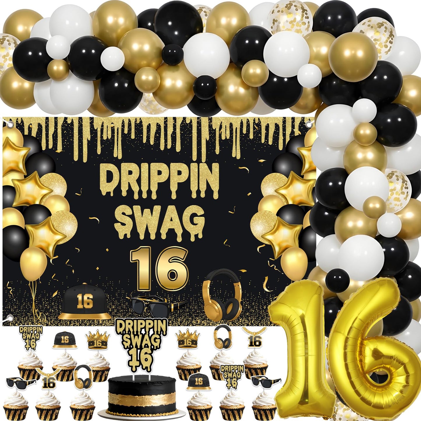 Jollyboom Drippin Swag 16 Birthday Decorations for Boys, Black and Gold 16th Birthday Backdrop Balloon Garland Kit with Banner Cake Topper Cupcake Toppers Number 16 Balloon for Boy Party Photo Wall