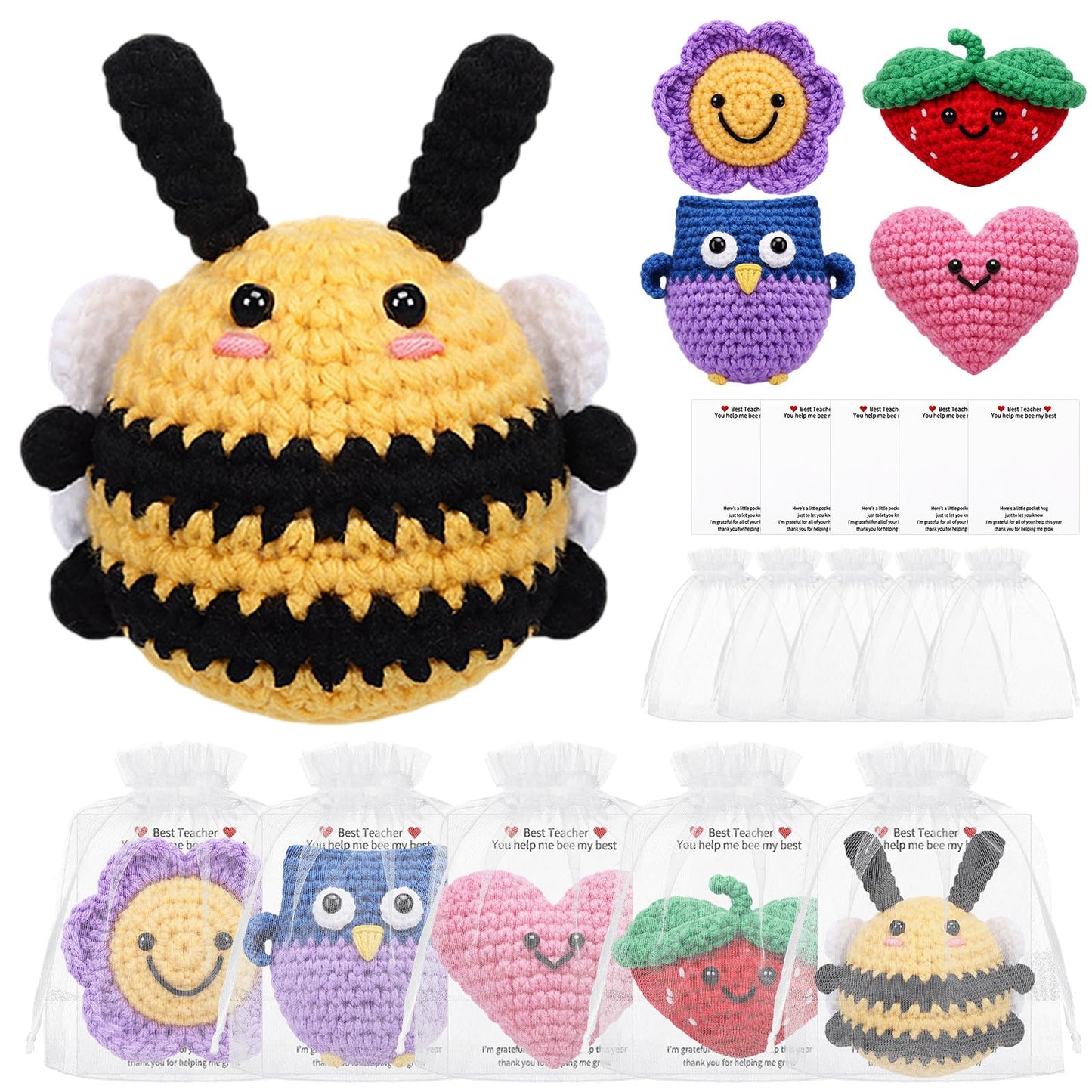 Teyva Daily 5 Sets Teacher Appreciation Gift Handmade Crochet Teacher Gifts for Women Thank You for Helping Me Grow Crochet Doll with Card and Bag for Teachers Appreciation Week End of Year Gift