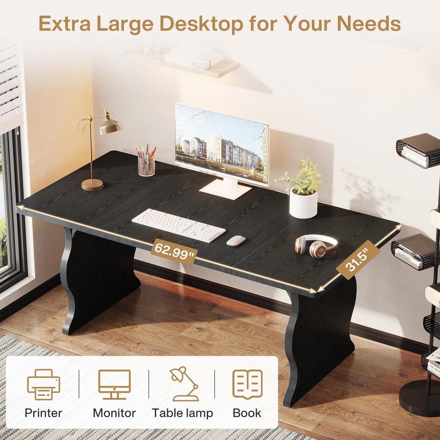 Tribesigns 63" Large Desk for Home Office, Spacious Executive Computer Desk with Ample Leg Room, Double PC Gaming Writing Table Study Desk with Sturdy Legs, Black
