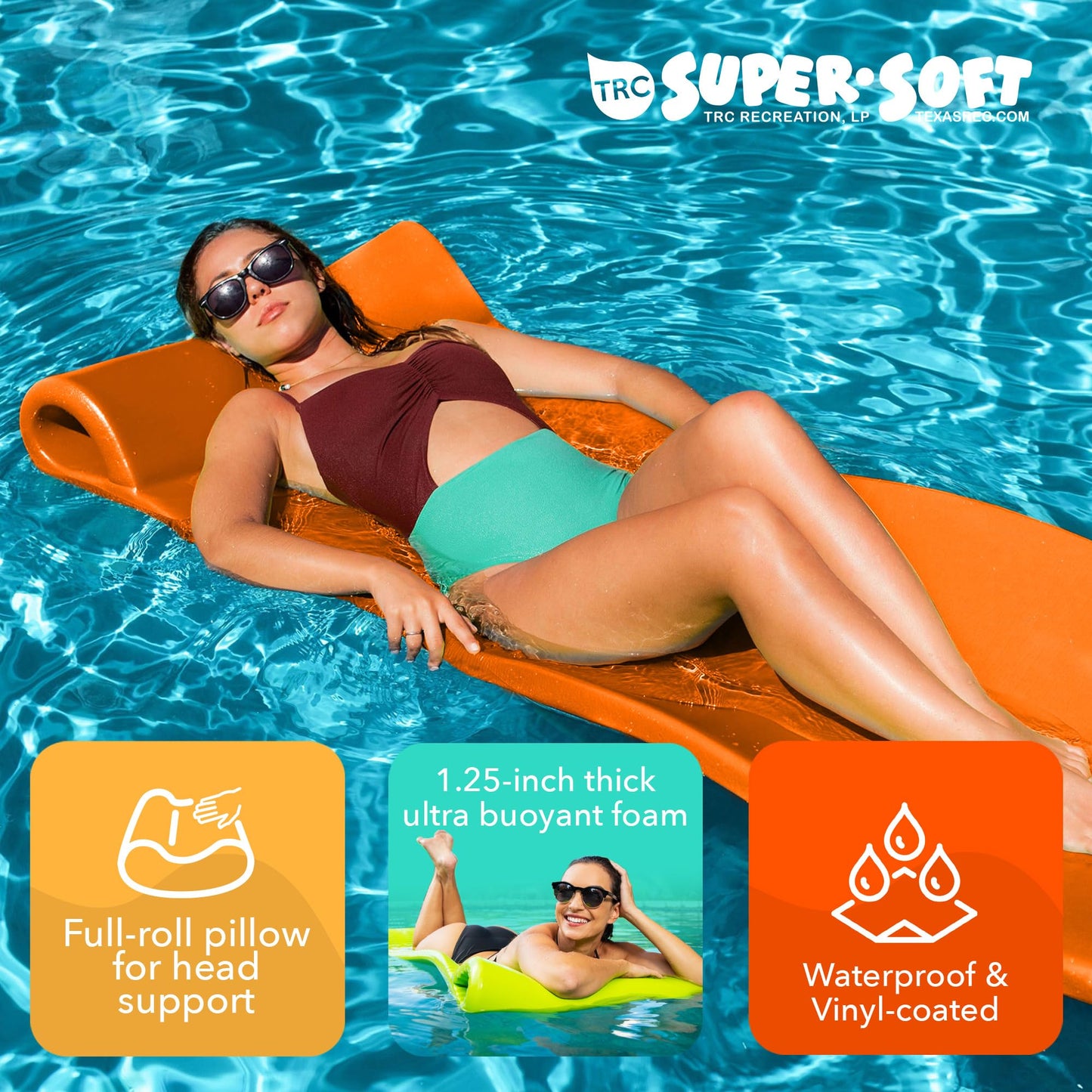 TRC Recreation Splash 1.25" Thick Foam Pool Float Lounger w/ Headrest for Lounging & Sunbathing in Swimming Pools, Beaches & Lakes, 70" x 26"