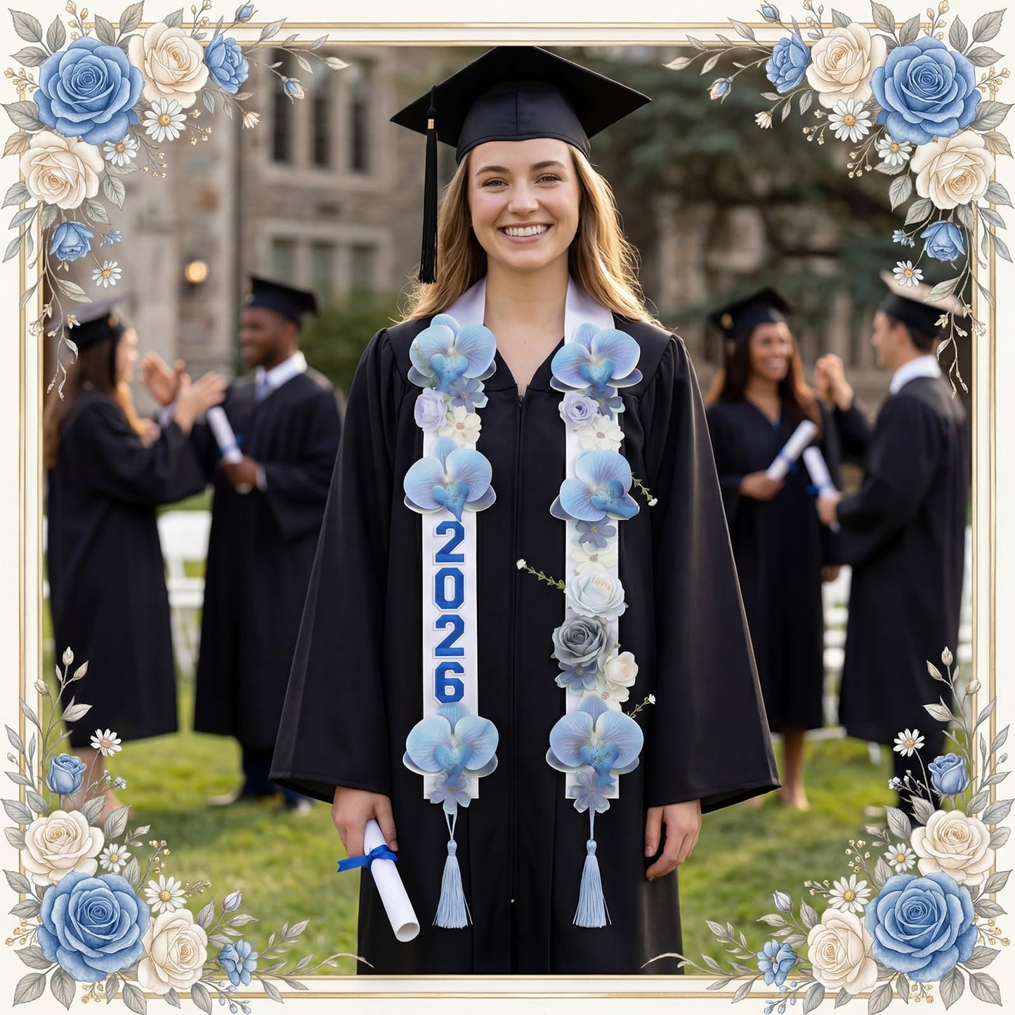 CrystalSylara Graduation Leis Class of 2026 Artificial Flower Sash with 20 Sheets Number Iron on Patches DIY Grad Floral Lei Necklace for High School College Senior Grad Gifts Party Supplies(Blue)