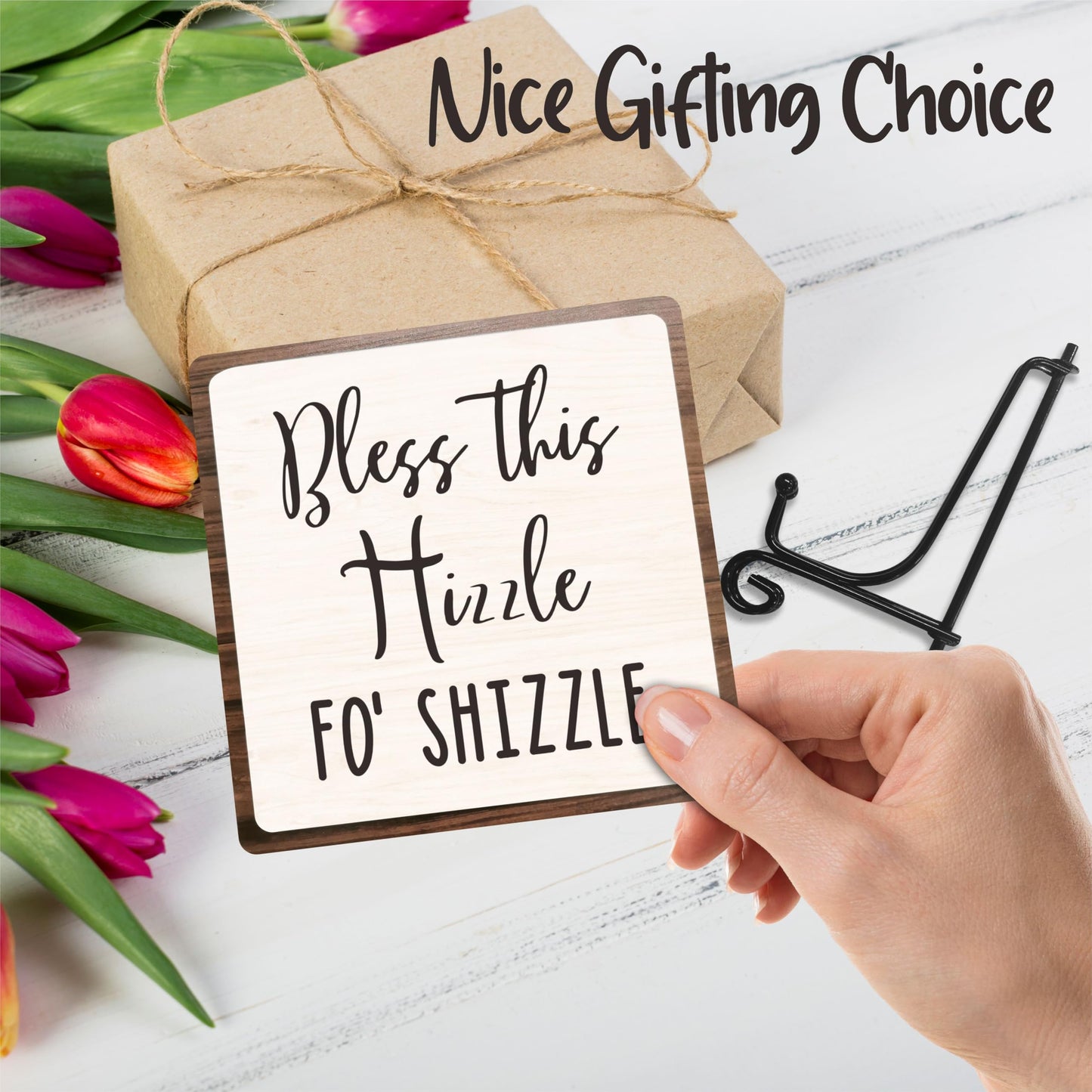 5"X5” Wooden Sign Gift - Bless This Hizzle Fo' Shizzle Wooden Plaque, Motivational Quotes Combined Wood Sign, Desk Decor Home Office Decoration & Gifts - A19