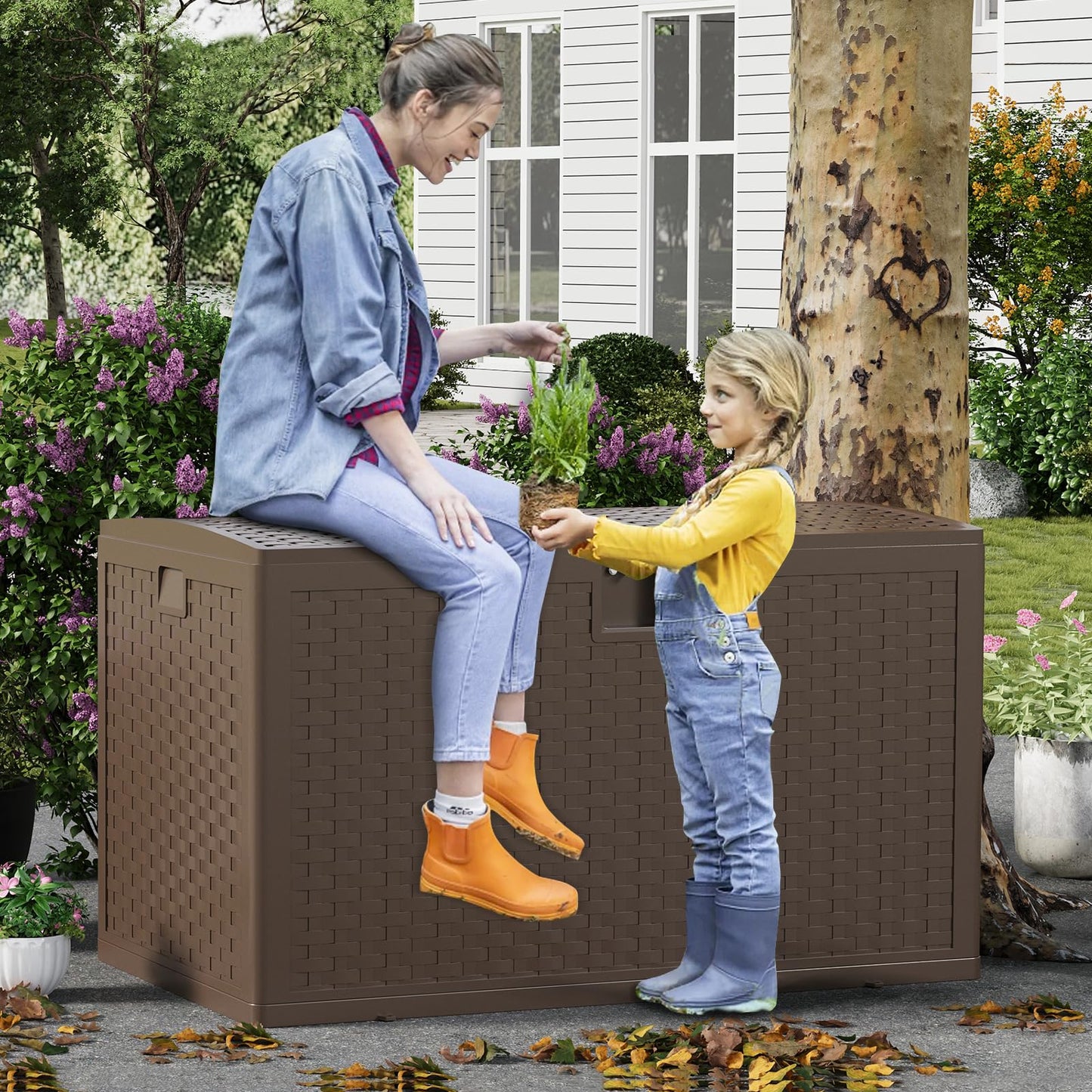 SierraSquad 120 Gallon Large Deck Storage Box - Lockable Waterproof Resin Outdoor Chest - Weatherproof Rattan Style, Side Handles, Ideal for Patio Furniture, Garden Tools, Pool Accessories - Brown