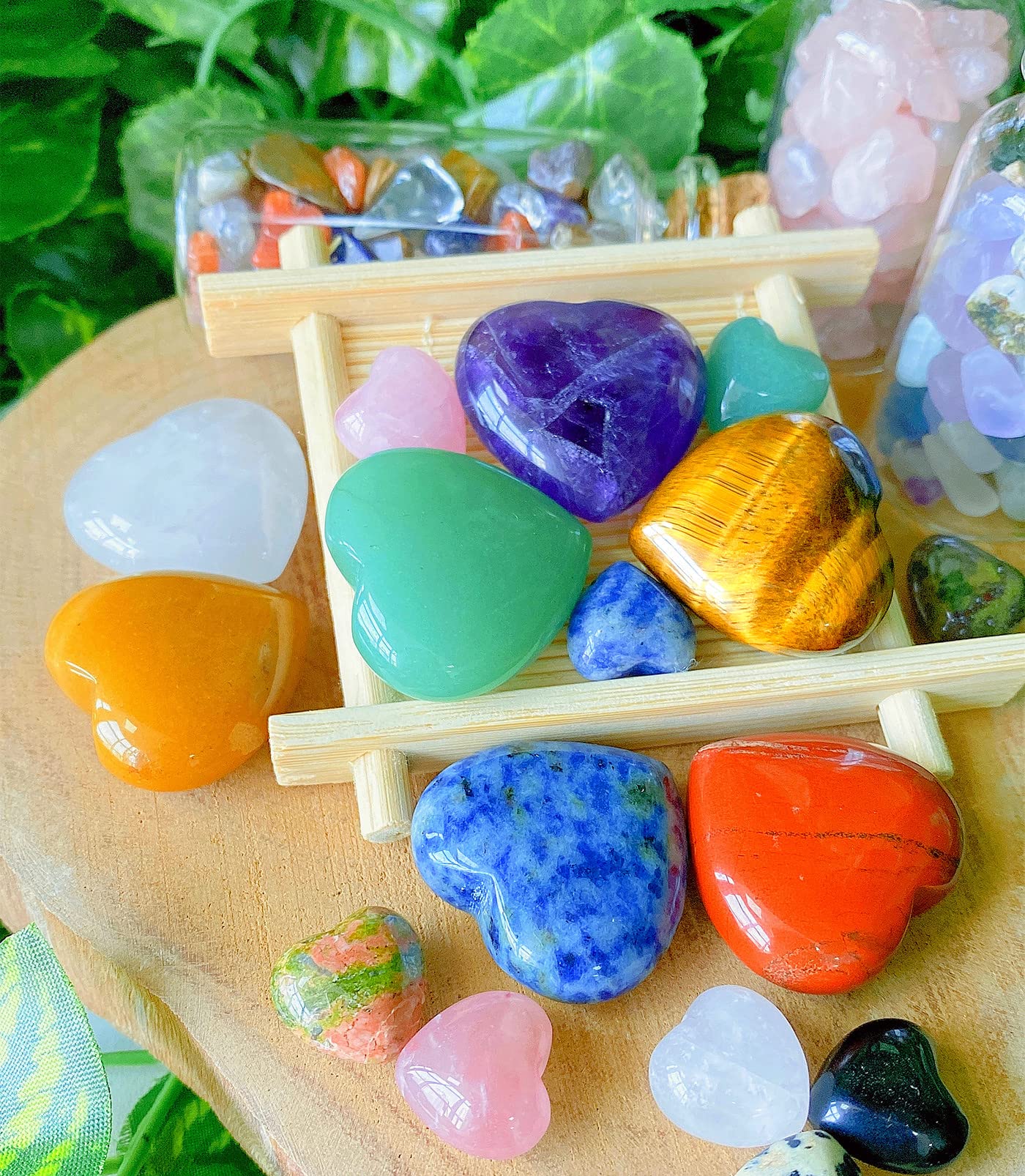 QINJIEJIE 7Pcs 7 Chakras 1.2" Heart Crystal Large Stone Rose Quartz Healing Crystals Love Polished Thumb Natural Palm Assorted Gemstones Reiki Energy Balancing Meditation Gift