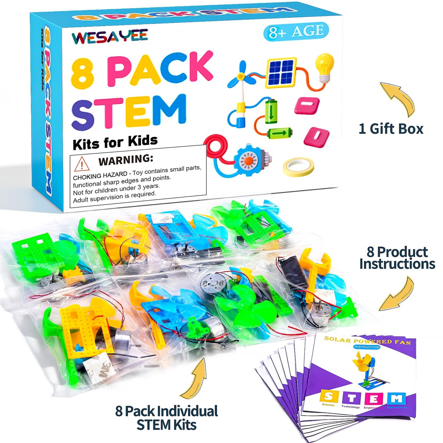 Bulk STEM Kits - 8 Set Solar Powered Fans, Science Kits for Kids Age 8-12 12-14 10-12, Stem Building Toys for Ages 8-13, Boys Girls Crafts, Classroom School Gifts Experiments Activities Summer Toys