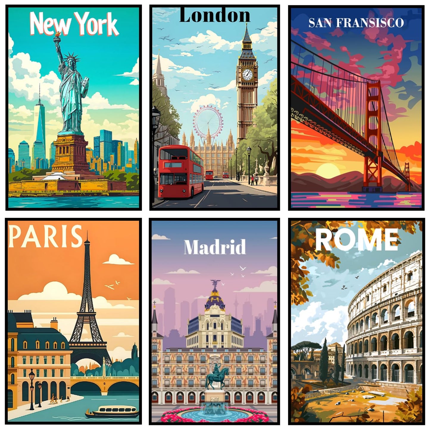 CHWGLFGG Travel City Paint by Numbers Kit for Adults Beginner, 6 Pack Adult Paint by Number Kits on Canvas, DIY Acrylic Oil Easy Painting by Numbers for Home Wall Decor 8X12 inch (Without Frame)