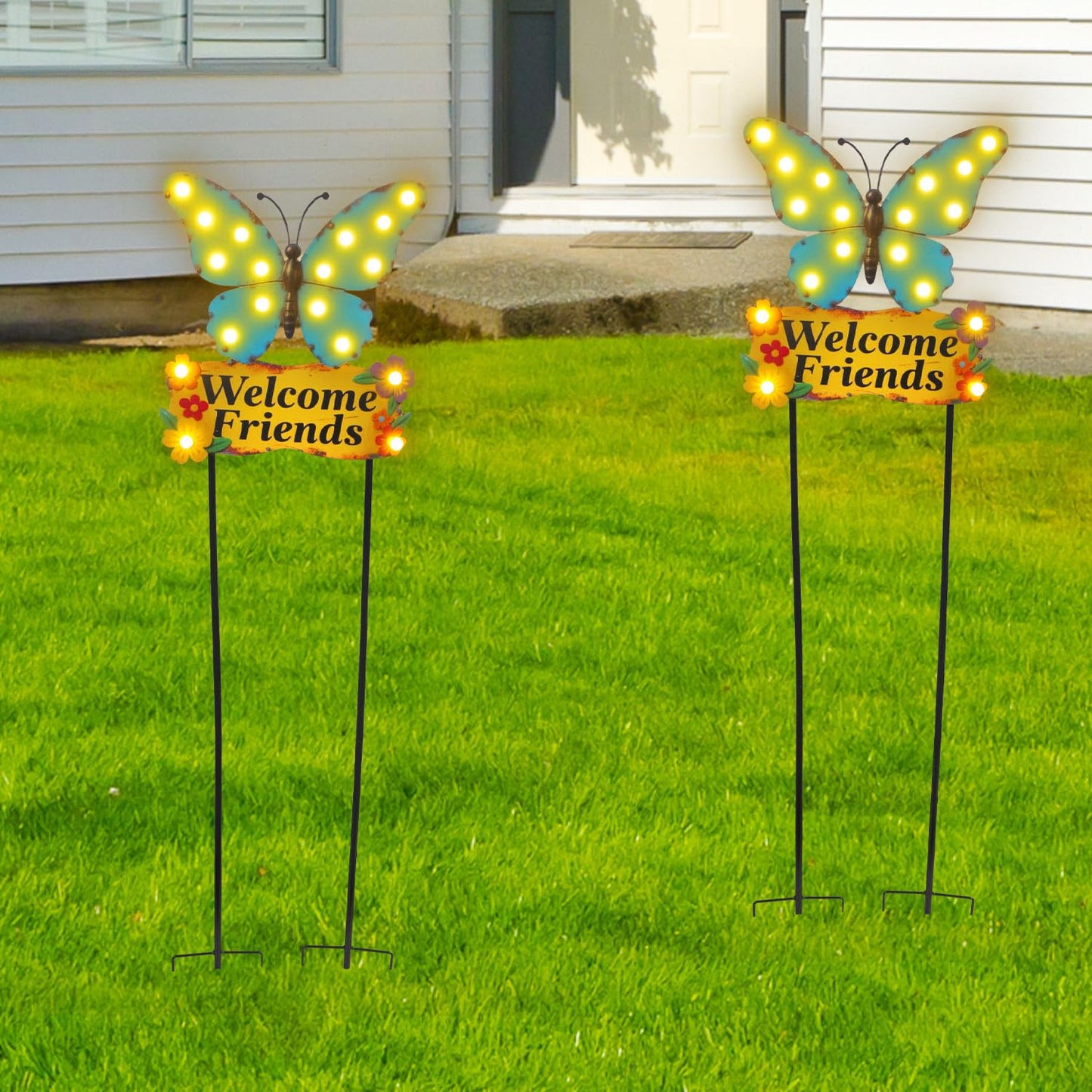 YHSOLAR Decorative Garden Stakes Large 45" with 18 Bulbs Solar String Lights Outdoor Waterproof, Butterfly Solar Lights for Outside with Welcome Friends Garden Sign for Yard, Patio, Pathway