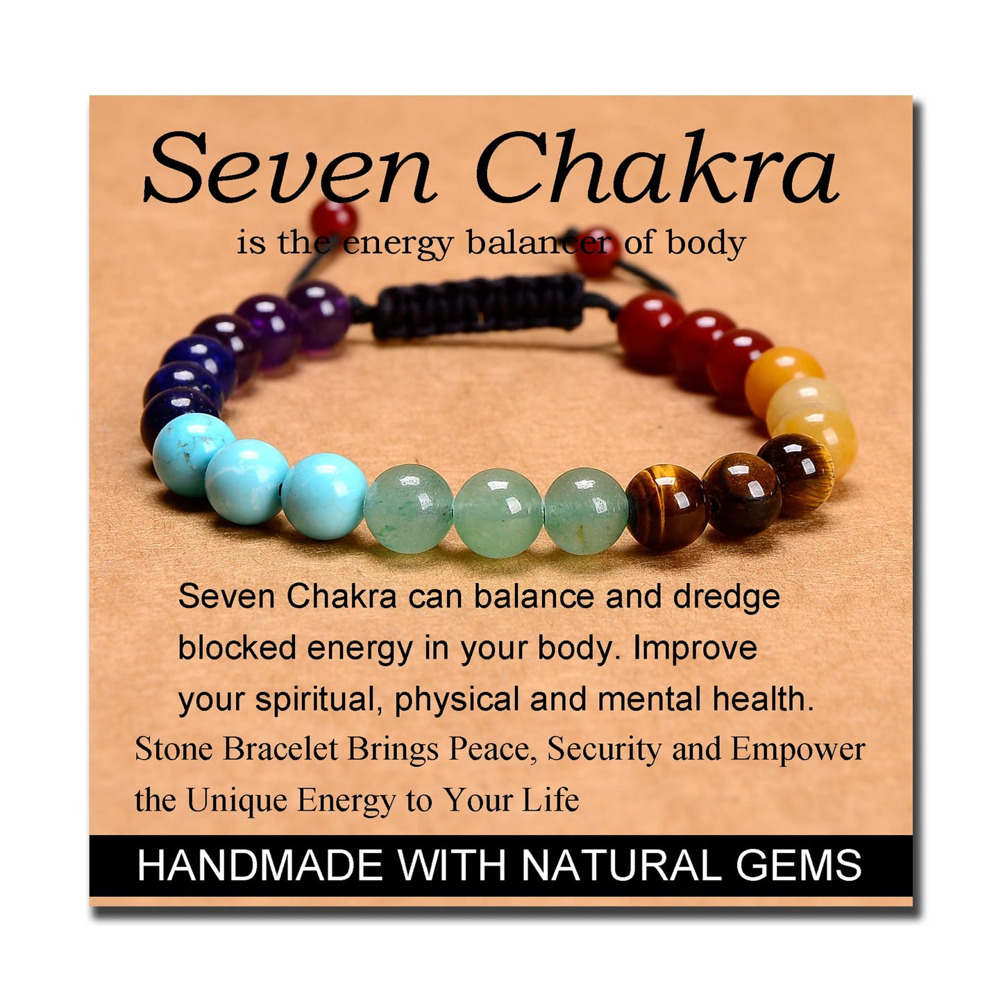 MASSIVE BEADS Seven Chakra Stones - Stone of Balance Energy - Handmade Yoga Adjustable Macrame Bracelet Natural Stone Crystal Healing Power Energy Gifts for Unisex Adult 8mm