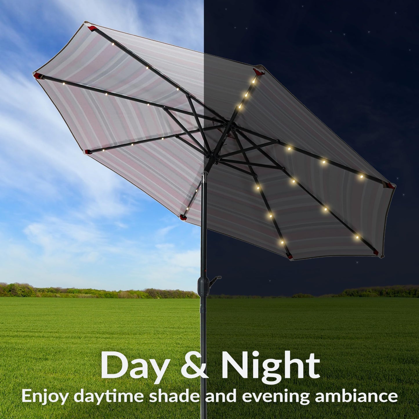 Sunnydaze 9 ft Striped Patio Umbrella with Solar Lights - Polyester LED Table Market Umbrella with Tilt and Crank - Awning Stripe