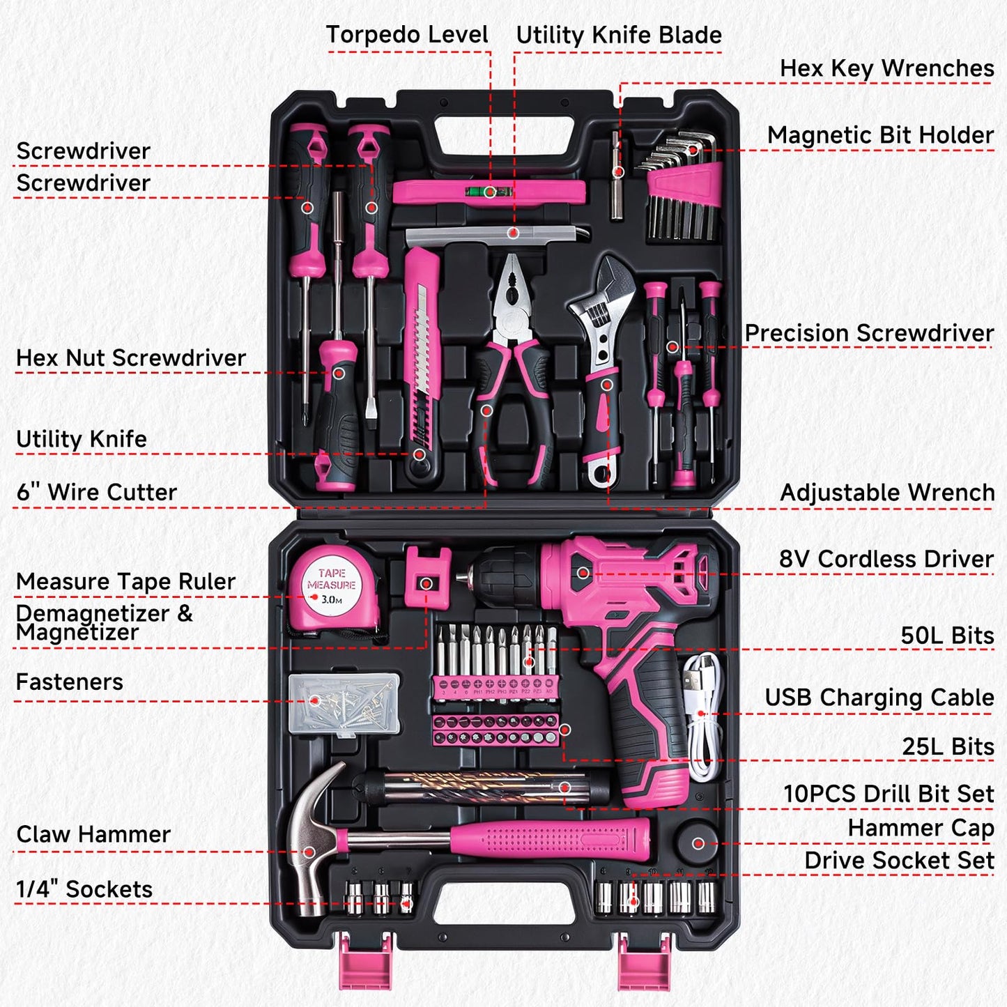 Drill Set for Women, 132 Piece Home Tool Set with 8V Cordless Drill, Tool Kit for Women & Men, Perfect for Homeowner, Diyer, Handyman