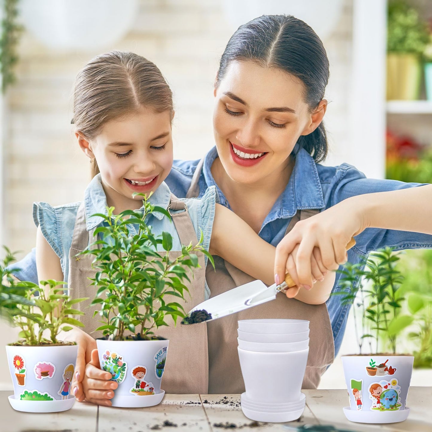 Domensi 30 Set DIY Plastic Pot Craft for Kids Bulk Earth Day Crafts 4 Inch Flower Pot Planters with Tray Drainage Holes with 458 Stickers 30 Cards for Spring Mother's Day Planting(White)
