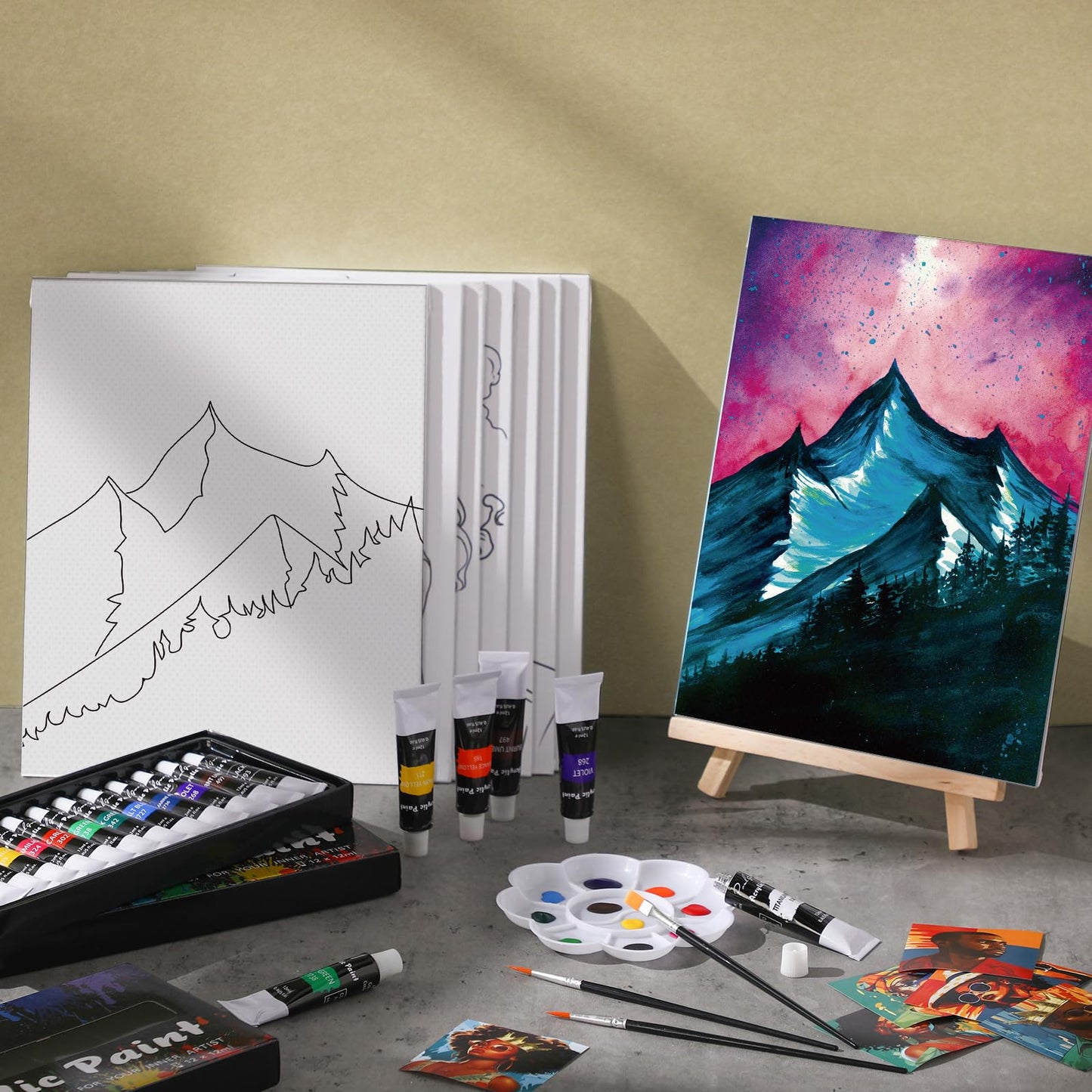 Cholemy 36 Pcs Paint and Sip Kit for Adults 8''x10'' Pre Drawn Canvas for Painting DIY Afro Acrylic Painting Kit Wood Easel Brushes Date Night Bulk for Father's Day Party Gifts(Mountain)