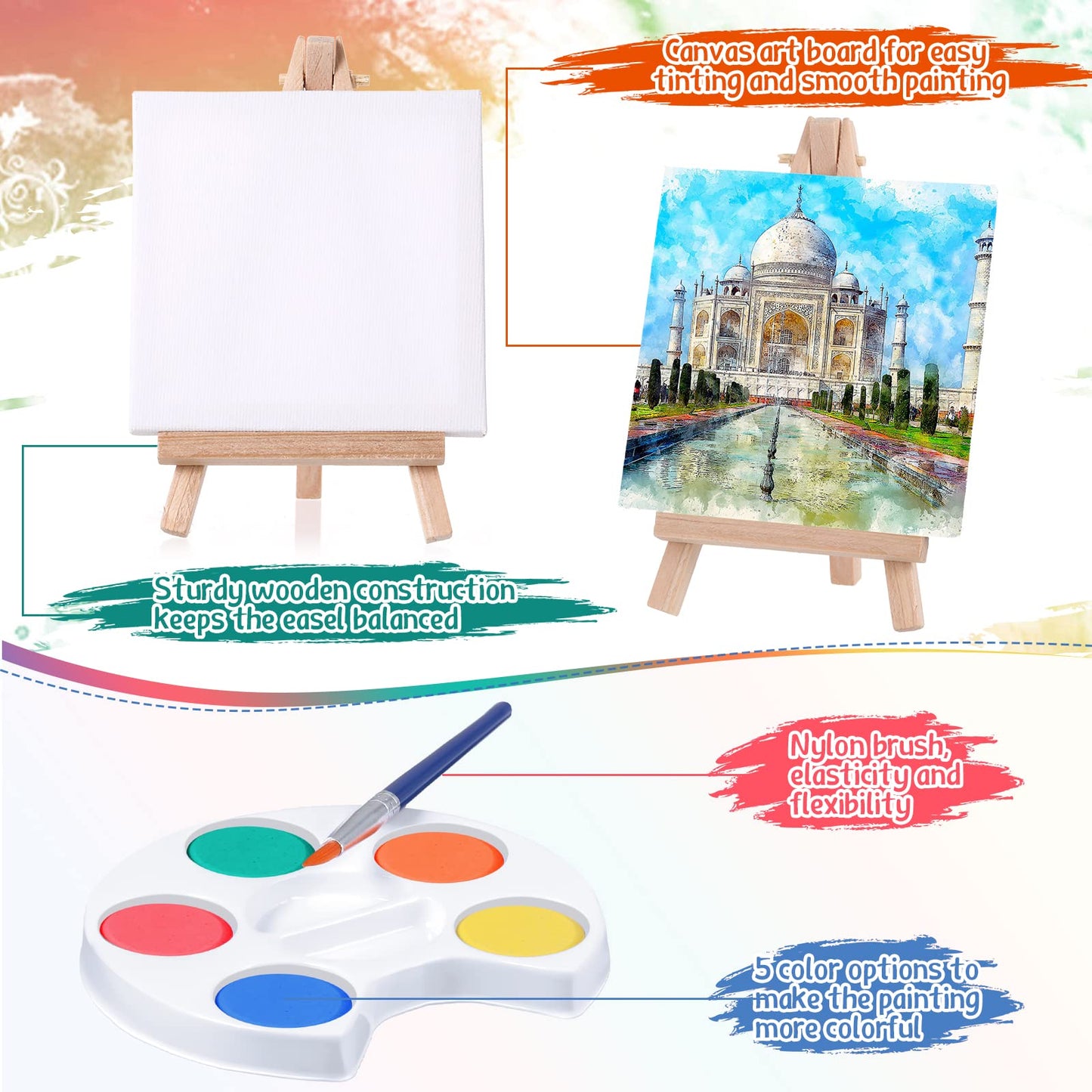 Crtiin Mini Watercolor Paint Set Gifts 4x4" Small Painting Kits Canvas with Easel Paints Brush Art Party and Watercolor Party Favor for School Classroom Birthday(24 Set)