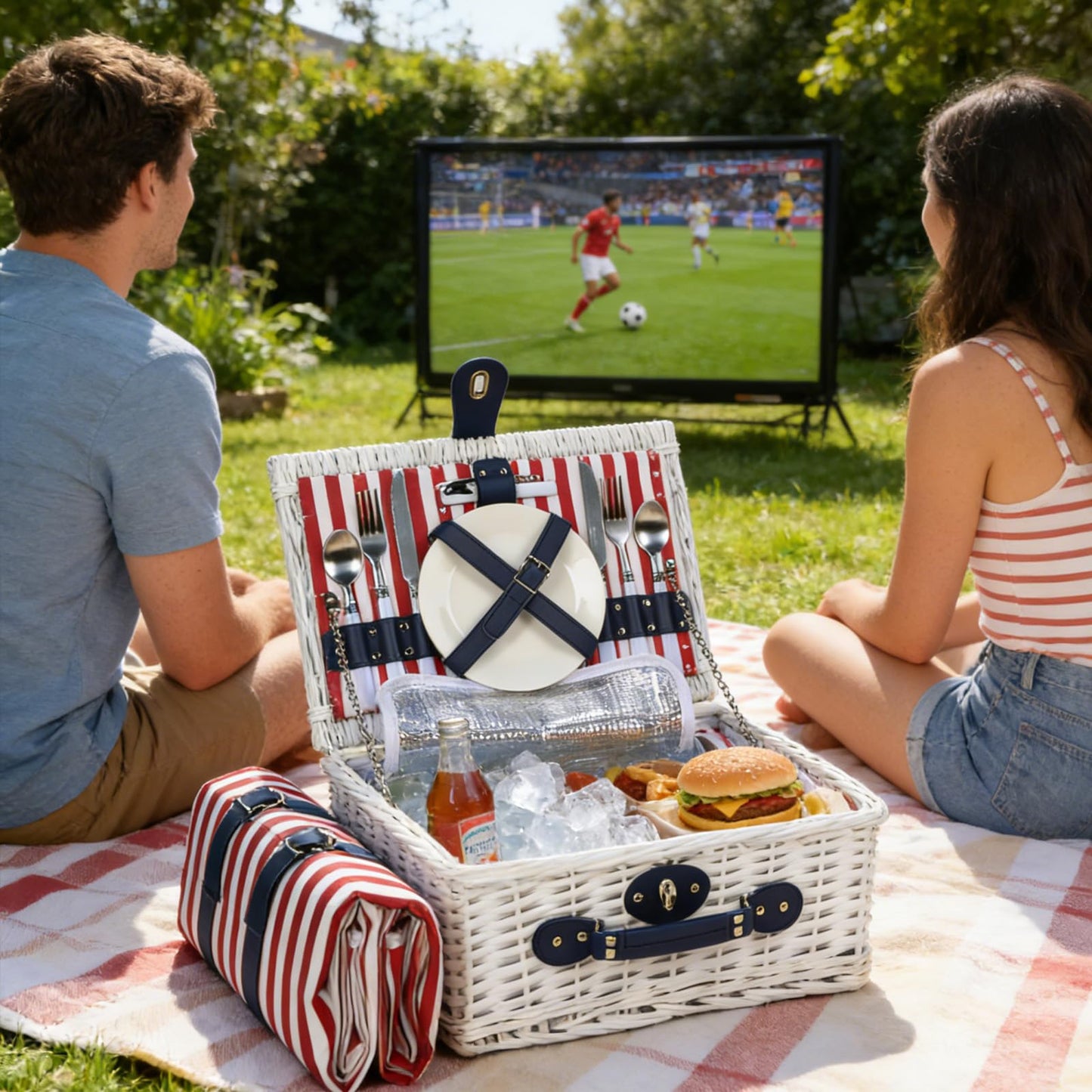 Wicker Picnic Basket for 2 with Waterproof Picnic Blanket and Insulated Bag, Patriotic Red White and Blue Star Pattern for Soccer Game, Camping, Travel, Birthday Gift, Wedding Gift