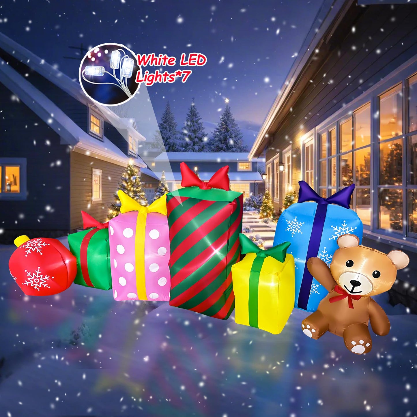 SEASONBLOW 8 FT Christmas Inflatable Gift Boxes with Ball and Bear Decoration, Xmas Blow Up LED Lighted for Lawn Yard Garden Home Indoor Outdoor Holiday Party Decor